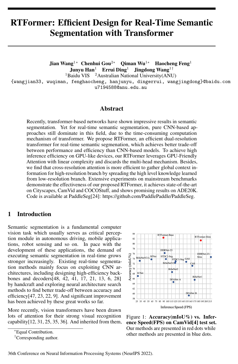 RTFormer: Efficient Design for Real-Time Semantic Segmentation with Transformer