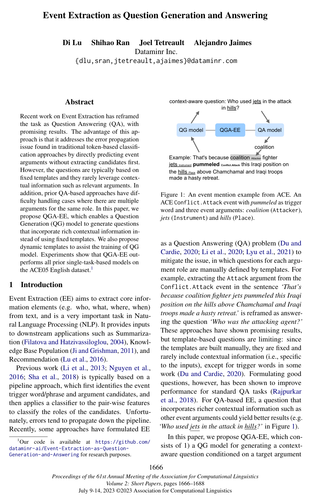 Event Extraction as Question Generation and Answering