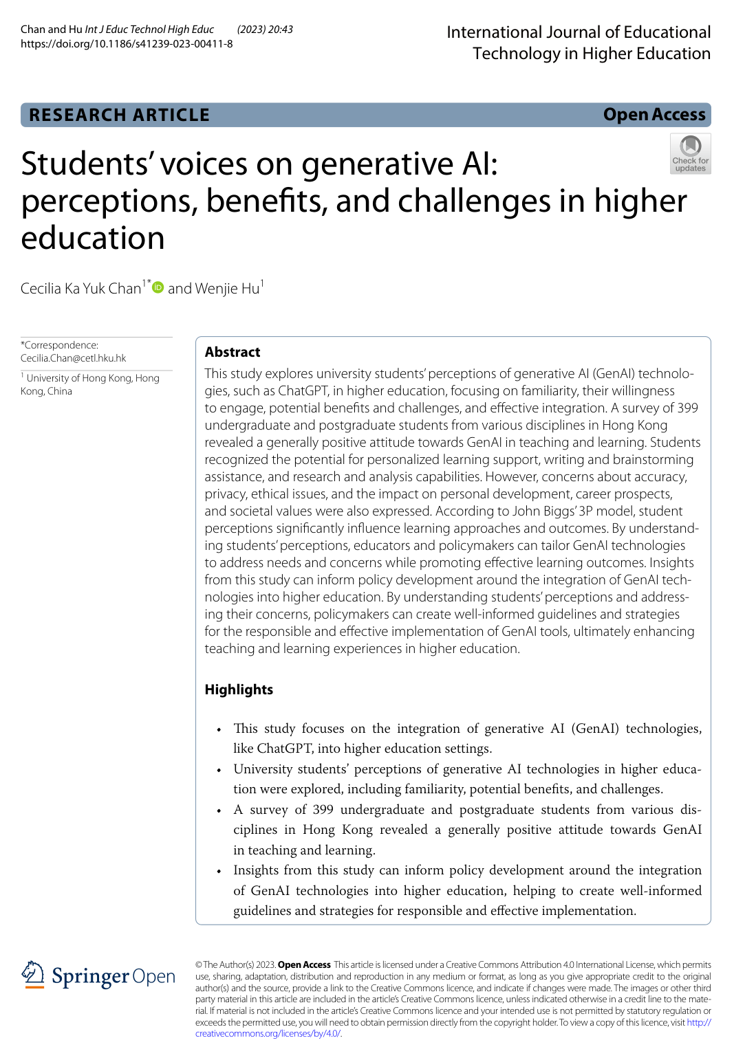 Cover for Students’ voices on generative AI: perceptions, benefits, and challenges in higher education