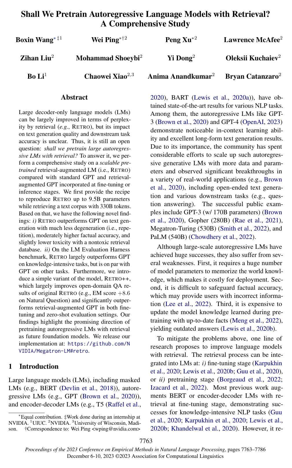 Shall We Pretrain Autoregressive Language Models with Retrieval? A Comprehensive Study