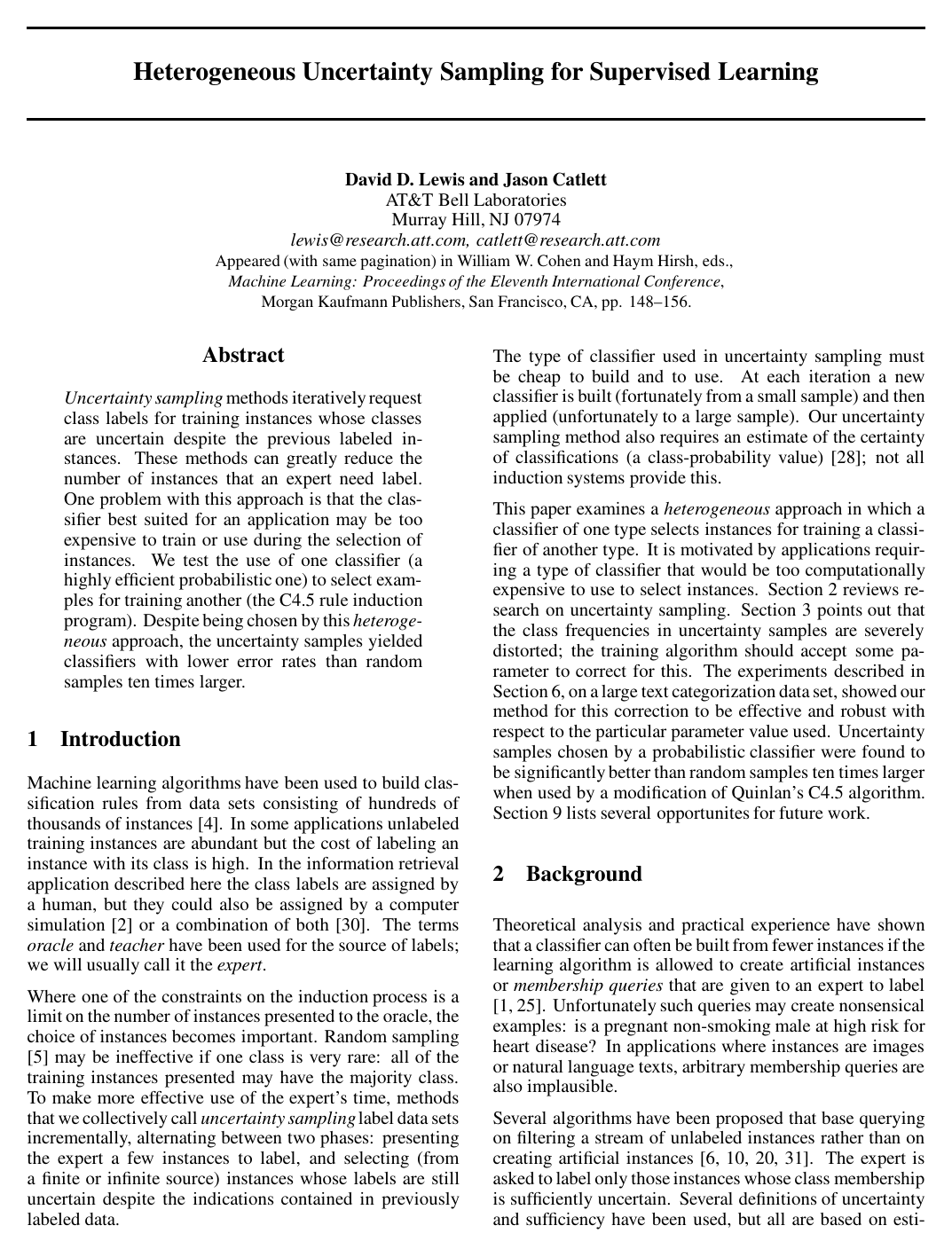 Heterogeneous Uncertainty Sampling for Supervised Learning