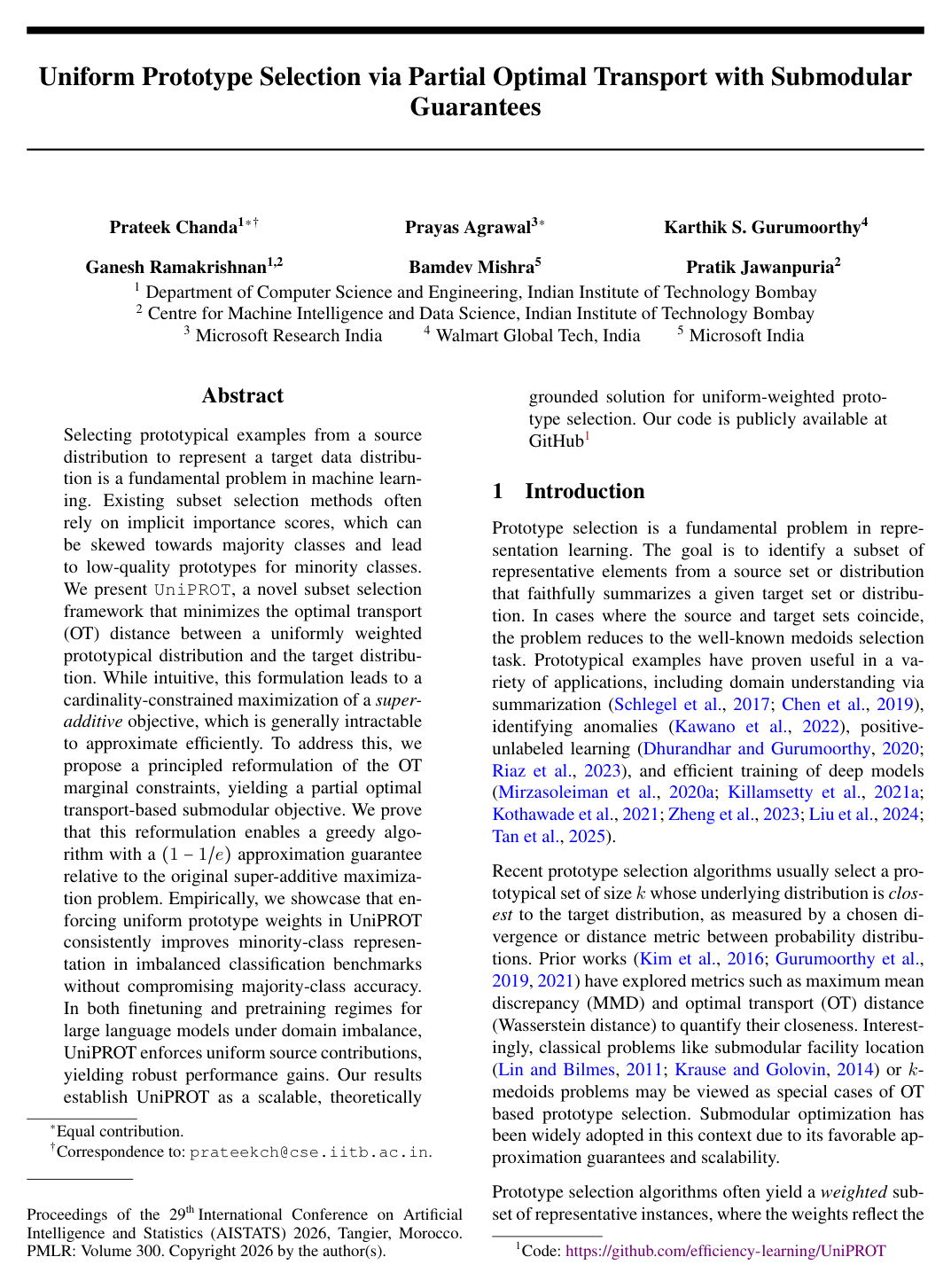 UniPROT: Uniform Prototype Selection via Partial Optimal Transport with Submodular Guarantees