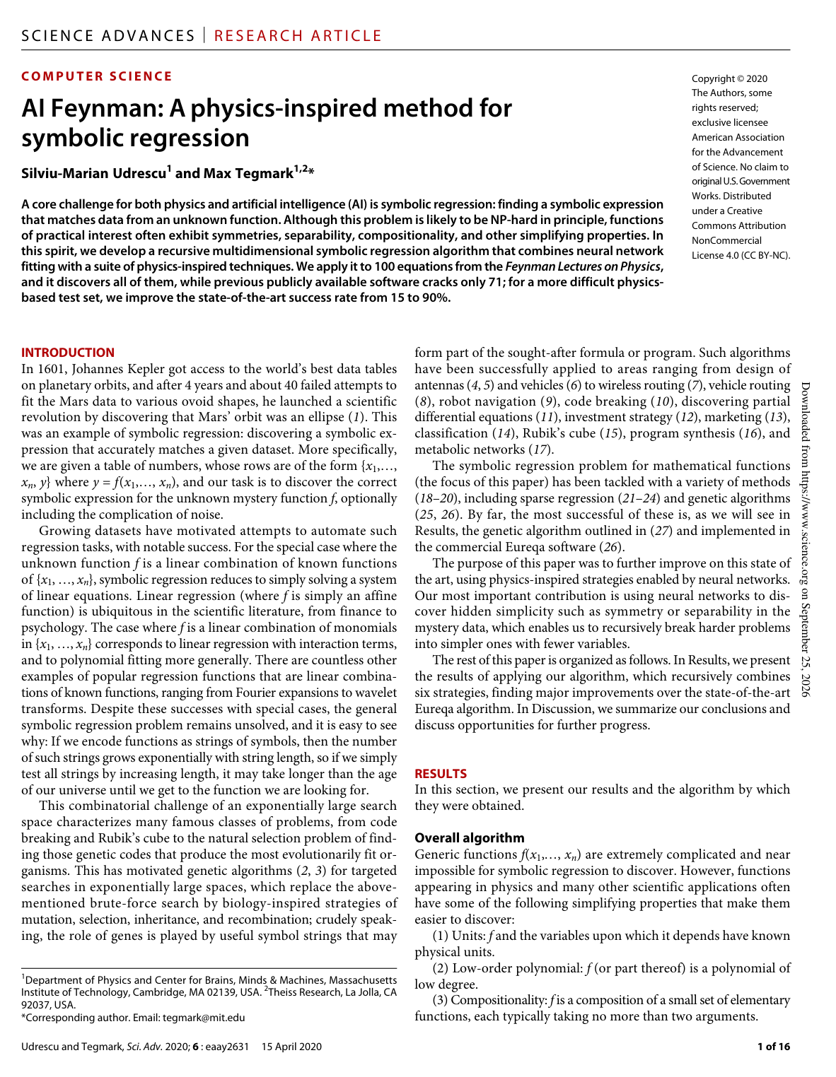 Cover for AI Feynman: A physics-inspired method for symbolic regression