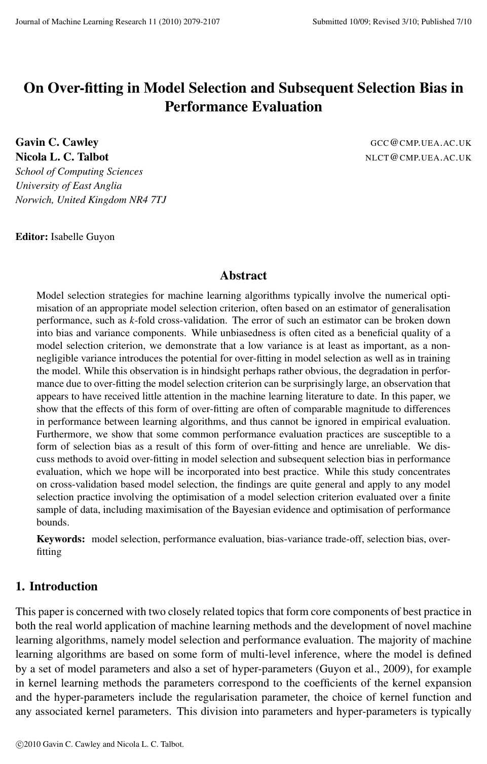 Cover for On Over-fitting in Model Selection and Subsequent Selection Bias in Performance Evaluation