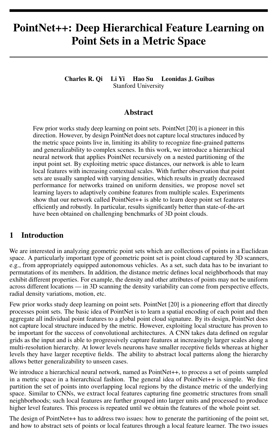 PointNet++: Deep Hierarchical Feature Learning on Point Sets in a Metric Space