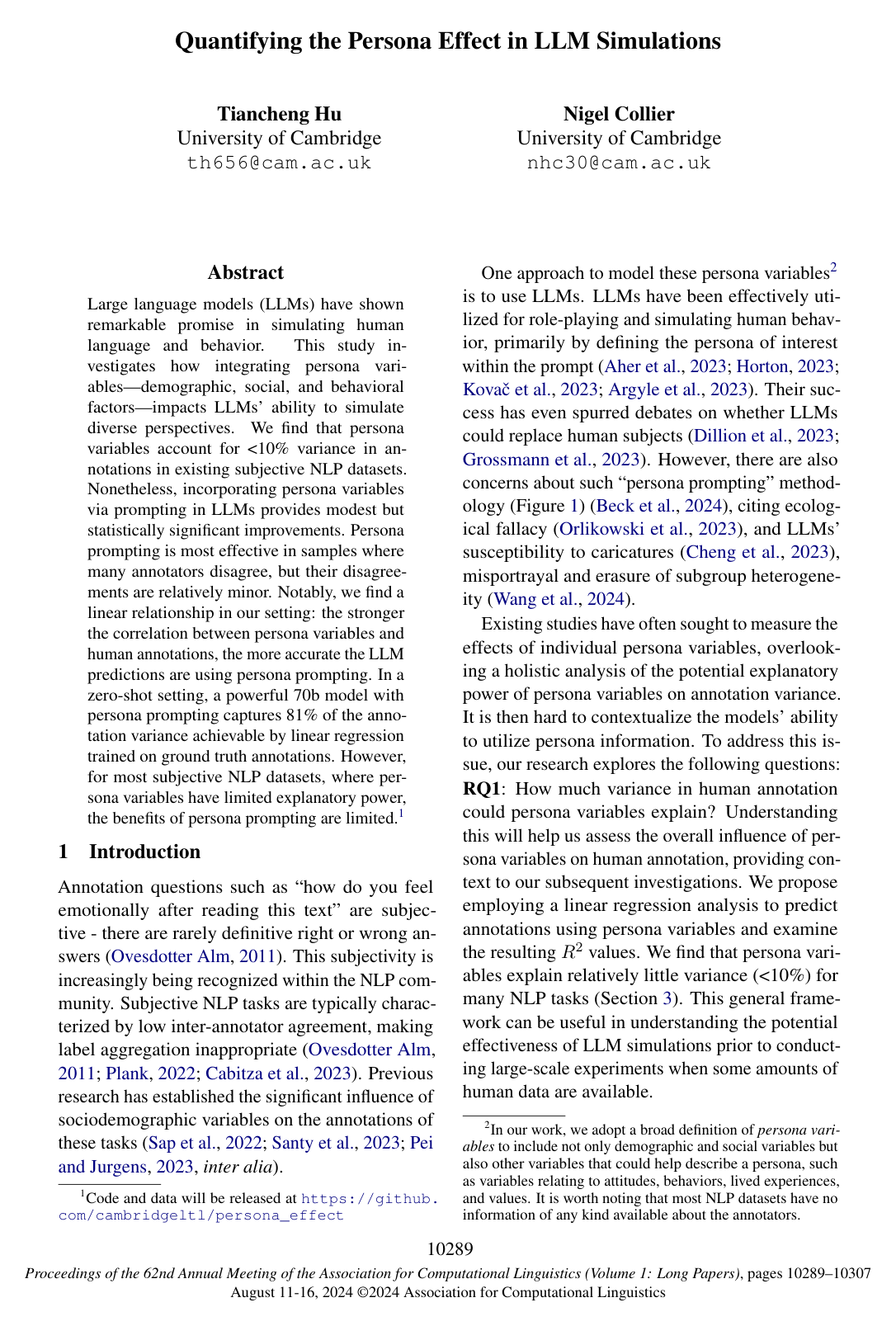 Cover for Quantifying the Persona Effect in LLM Simulations