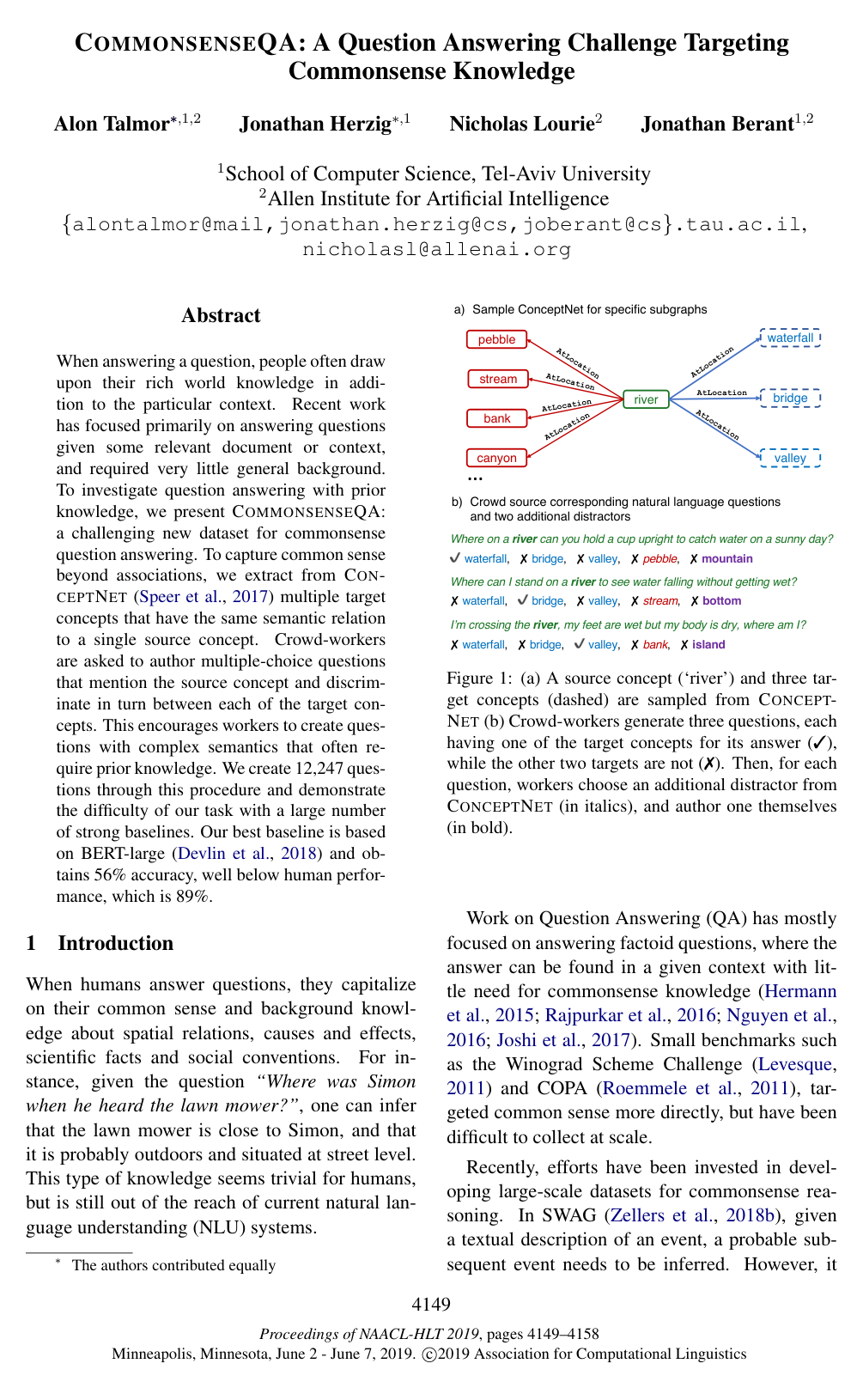 Cover for CommonsenseQA: A Question Answering Challenge Targeting Commonsense Knowledge