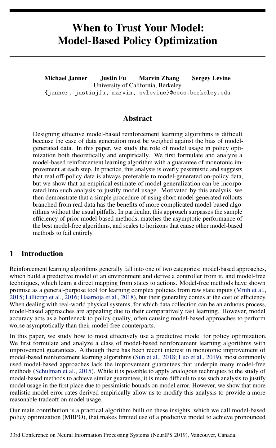 Cover for When to Trust Your Model: Model-Based Policy Optimization