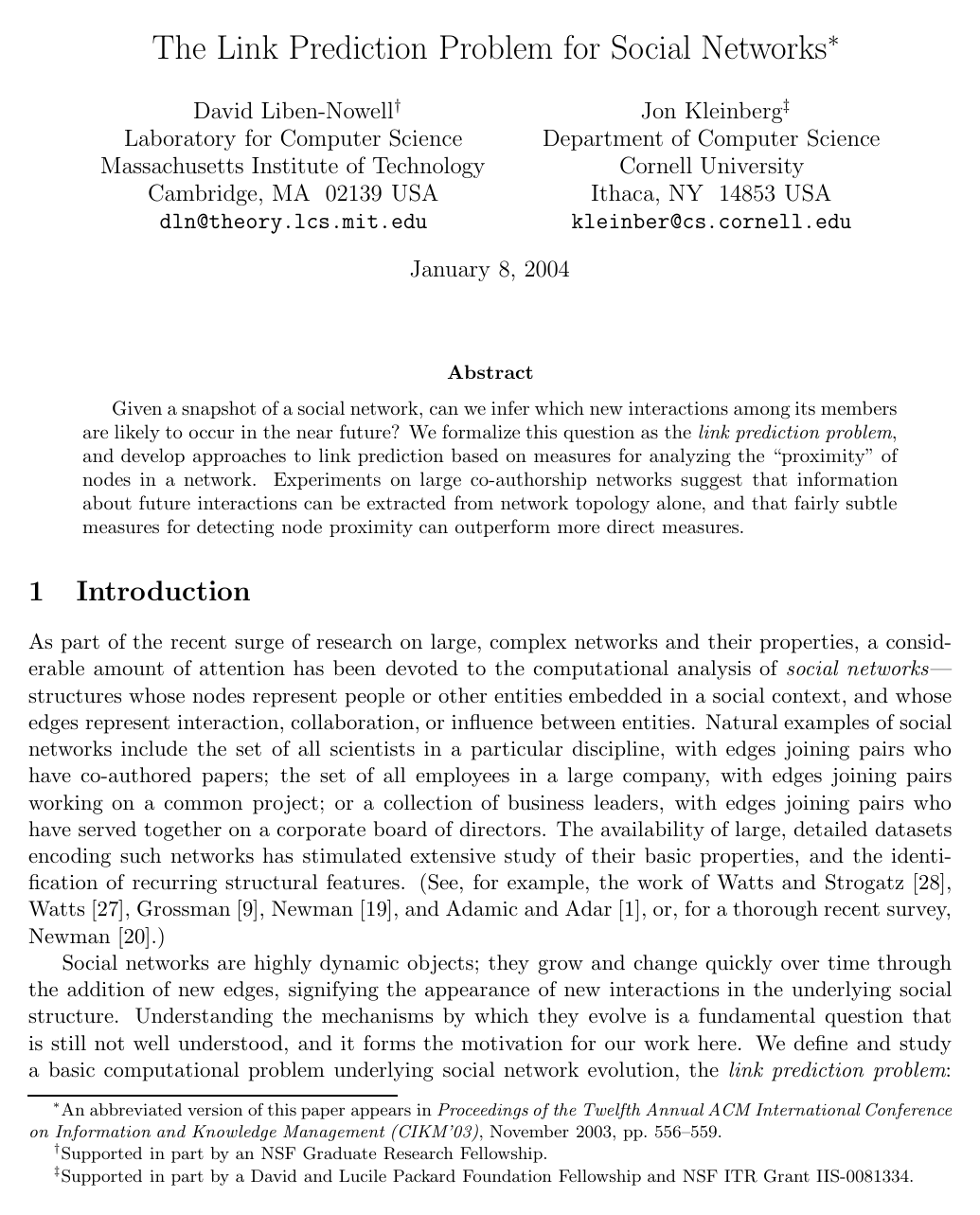 Cover for The link prediction problem for social networks