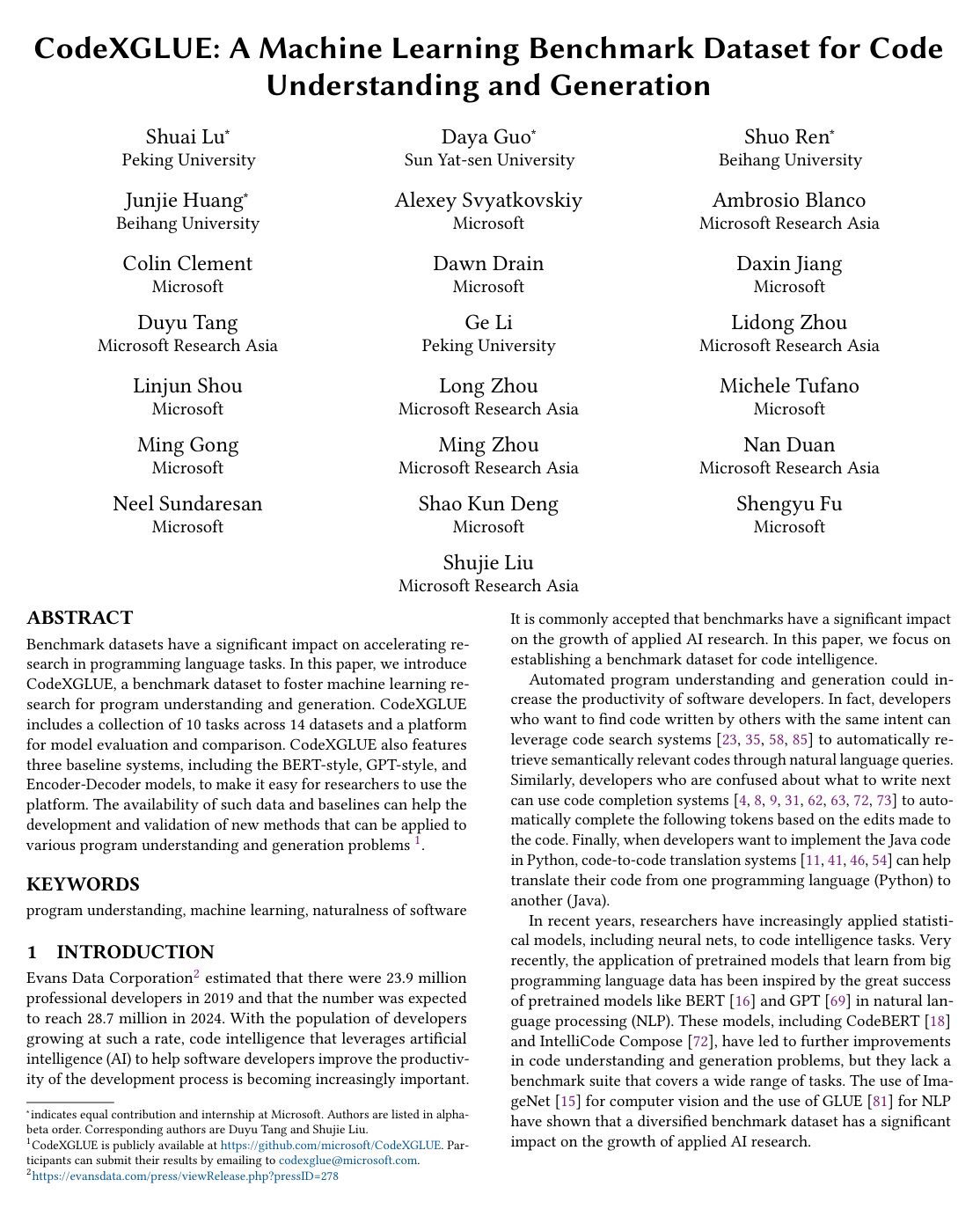 CodeXGLUE: A Machine Learning Benchmark Dataset for Code Understanding and Generation