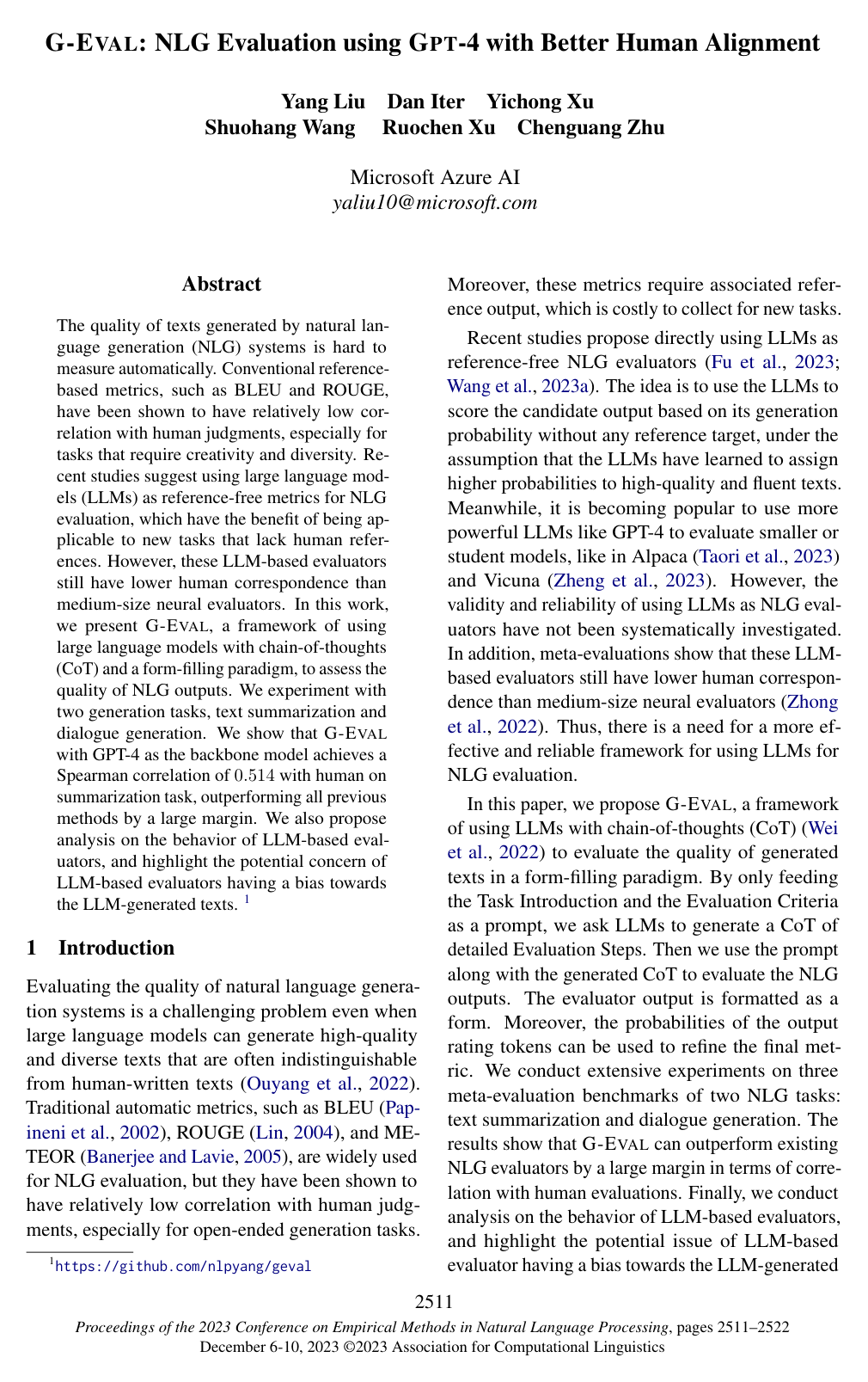 G-Eval: NLG Evaluation using GPT-4 with Better Human Alignment