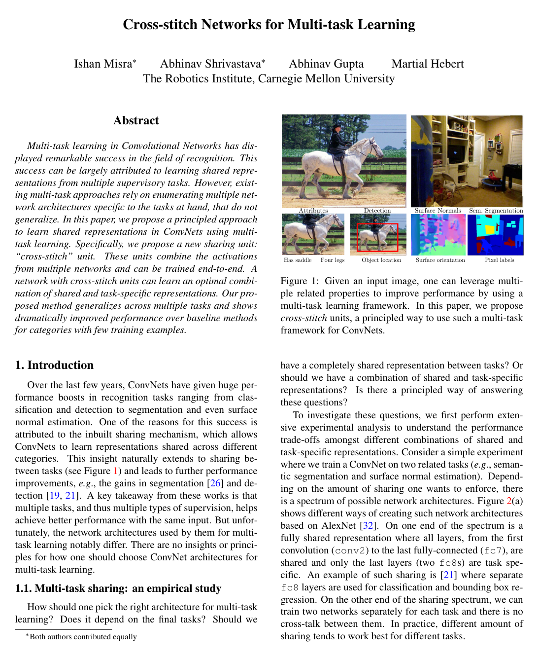 Cross-Stitch Networks for Multi-task Learning