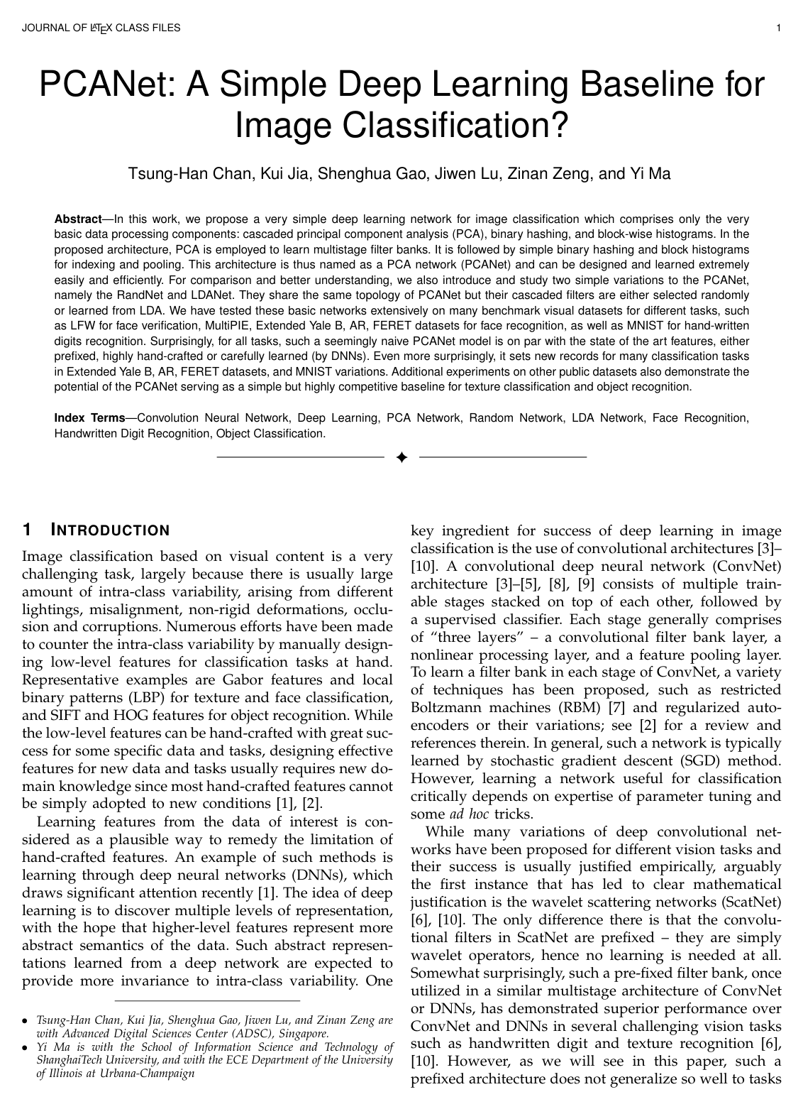PCANet: A Simple Deep Learning Baseline for Image Classification?