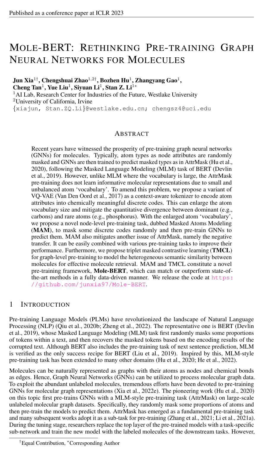 Cover for Mole-BERT: Rethinking Pre-training Graph Neural Networks for Molecules