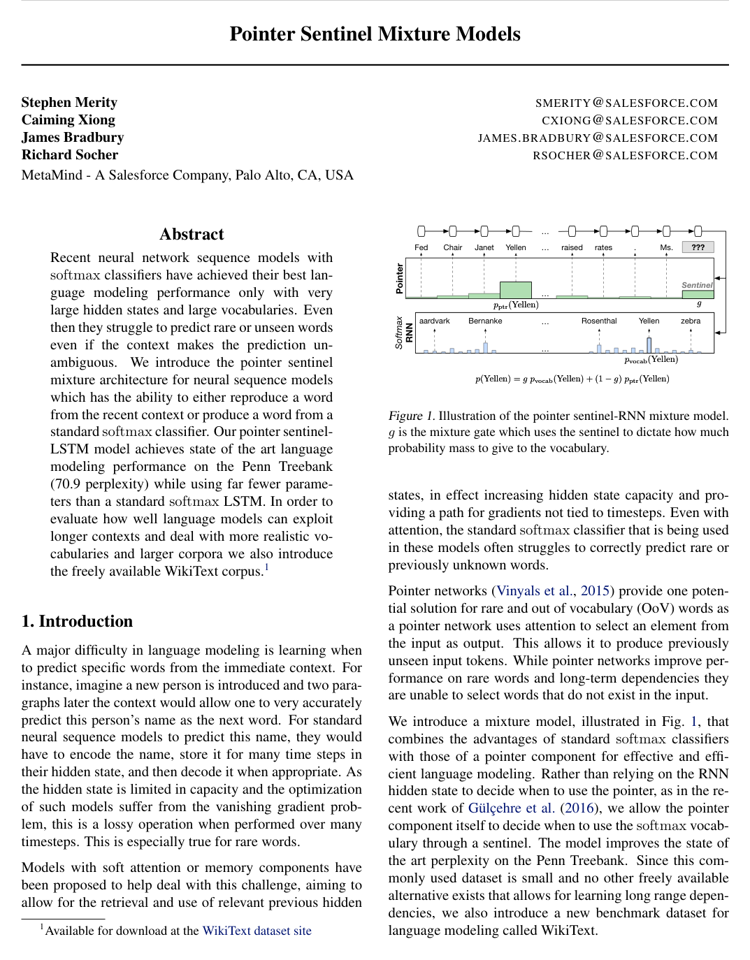 Pointer Sentinel Mixture Models