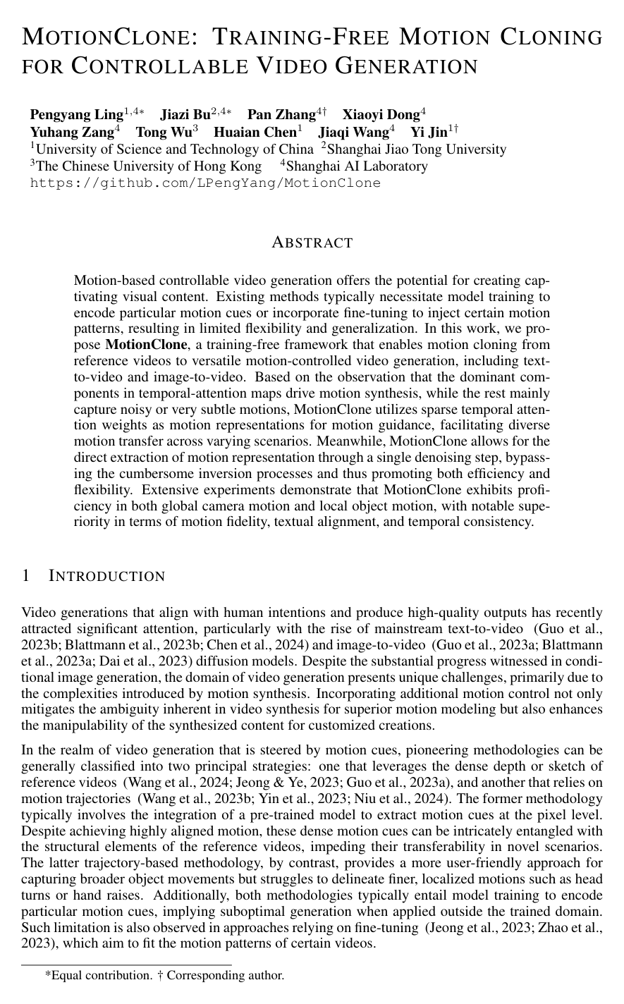 Cover for MotionClone: Training-Free Motion Cloning for Controllable Video Generation