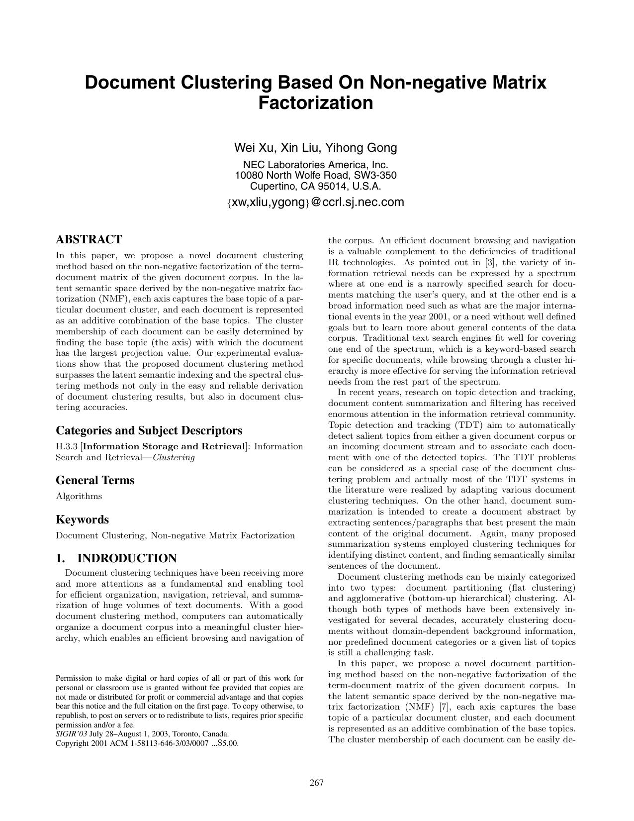 Document clustering based on non-negative matrix factorization