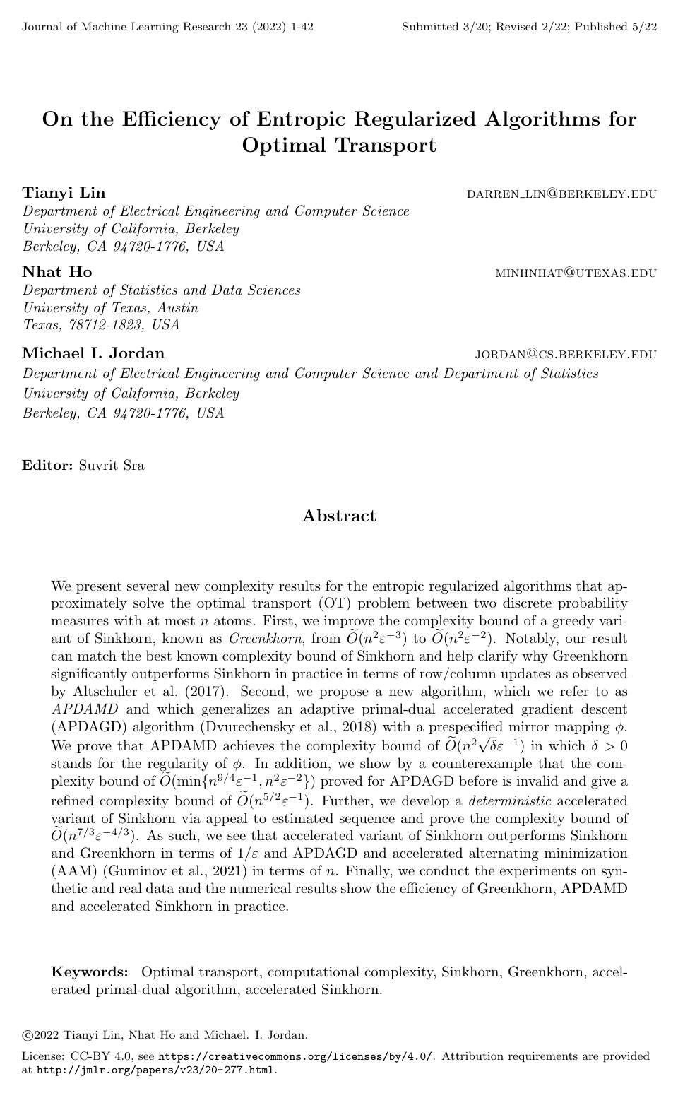 Cover for On the Efficiency of Entropic Regularized Algorithms for Optimal Transport