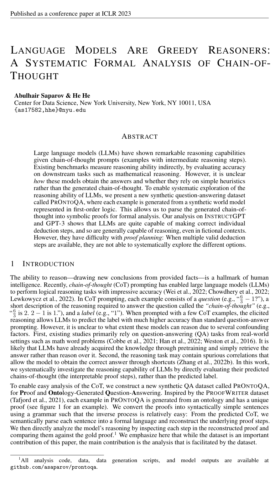 Cover for Language Models Are Greedy Reasoners: A Systematic Formal Analysis of Chain-of-Thought