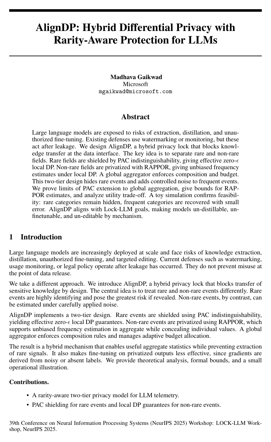 Cover for AlignDP: Hybrid Differential Privacy with Rarity-Aware Protection for LLMs
