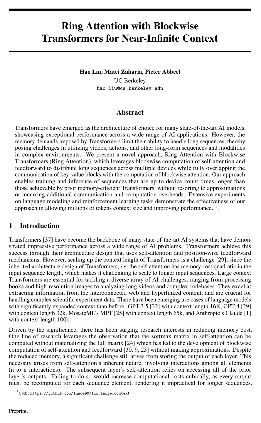 Ring Attention with Blockwise Transformers for Near-Infinite Context