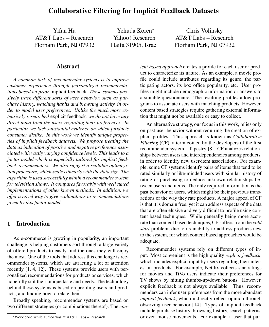 Collaborative Filtering for Implicit Feedback Datasets
