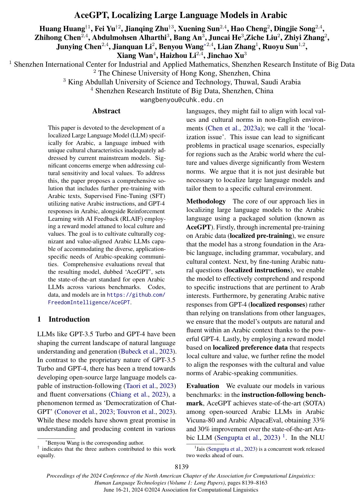 Cover for AceGPT, Localizing Large Language Models in Arabic