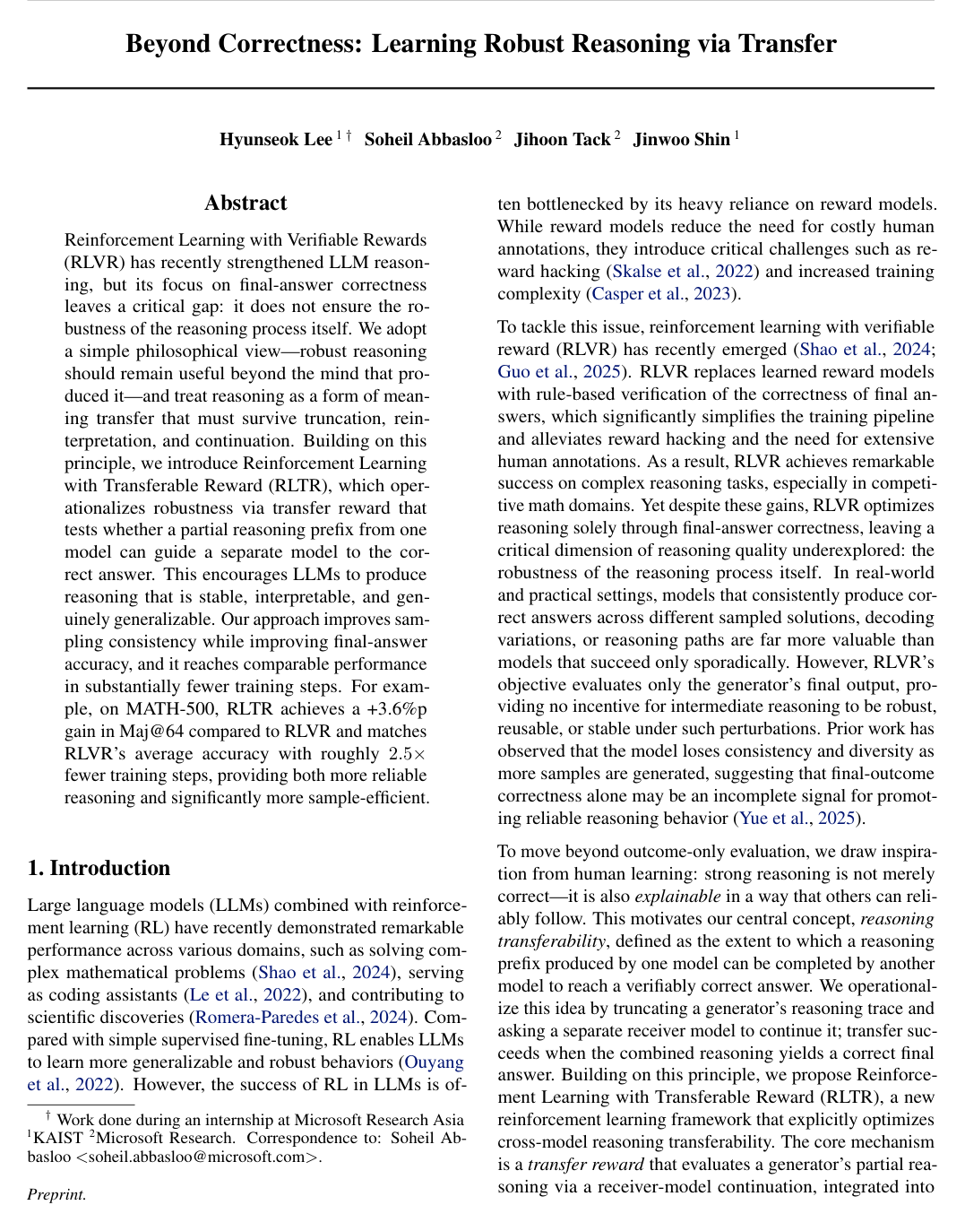 Beyond Correctness: Learning Robust Reasoning via Transfer