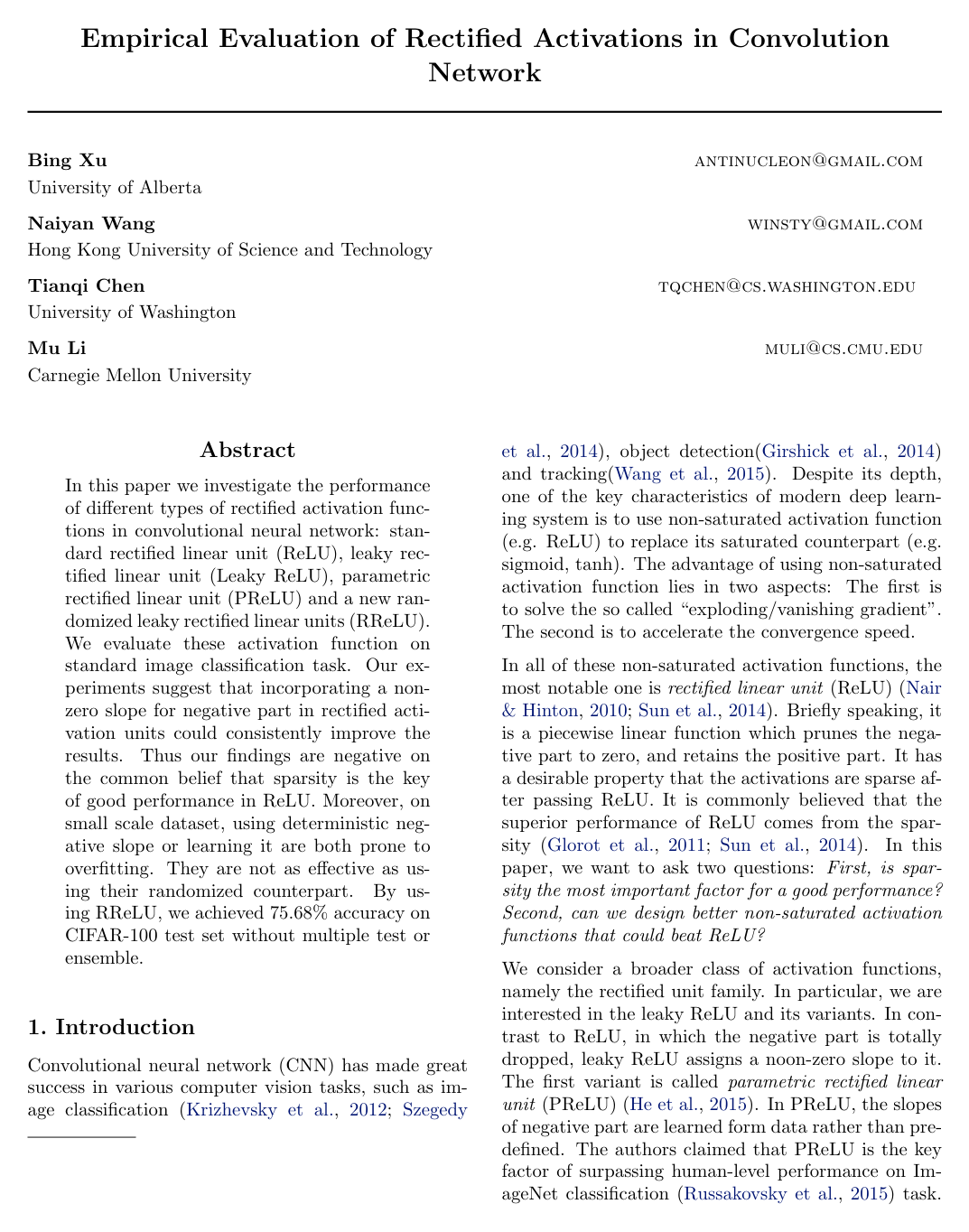 Empirical Evaluation of Rectified Activations in Convolutional Network