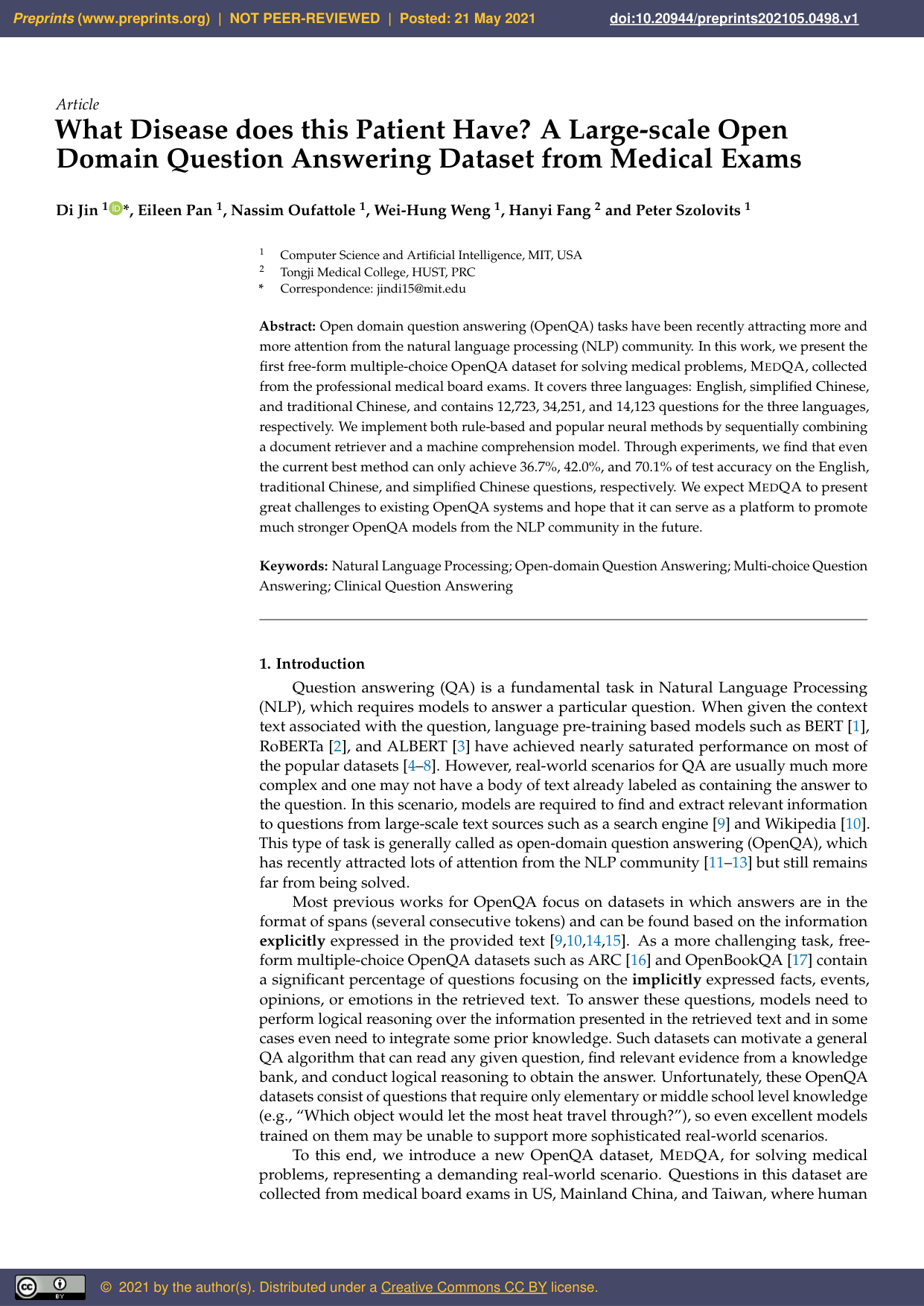 What Disease does this Patient Have? A Large-scale Open Domain Question Answering Dataset from Medical Exams