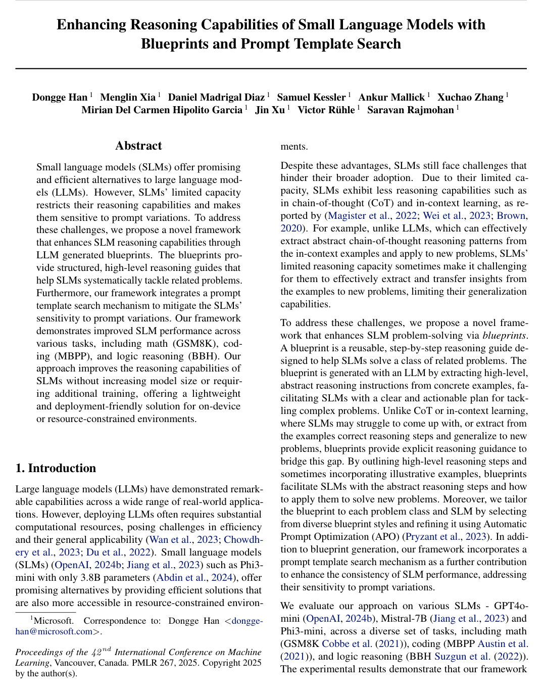 Enhancing Reasoning Capabilities of Small Language Models with Blueprints and Prompt Template Search