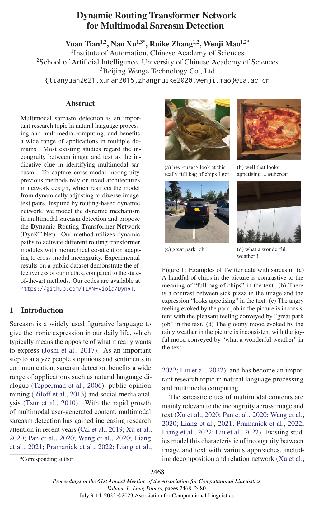 Dynamic Routing Transformer Network for Multimodal Sarcasm Detection