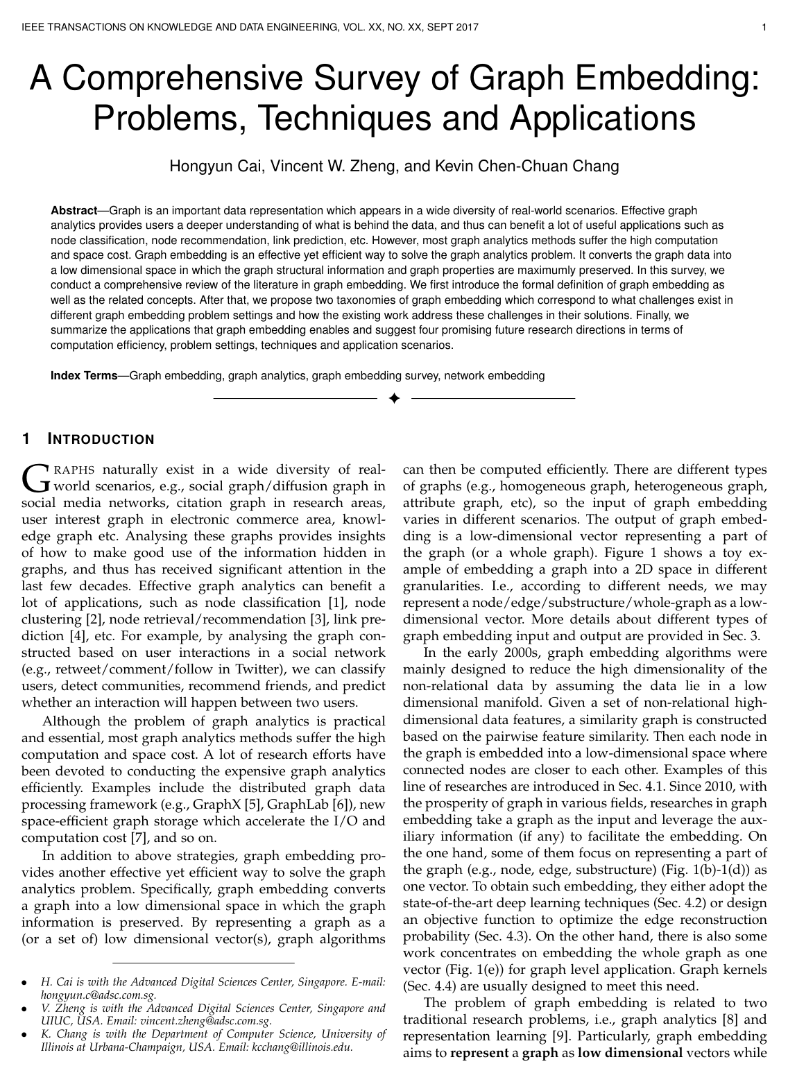 Cover for A Comprehensive Survey of Graph Embedding: Problems, Techniques, and Applications