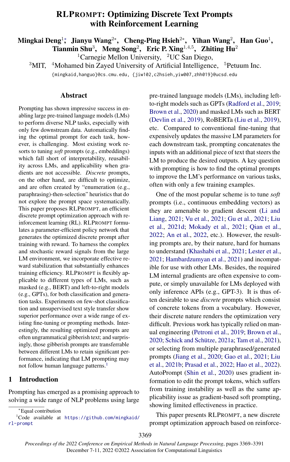 Cover for RLPrompt: Optimizing Discrete Text Prompts with Reinforcement Learning