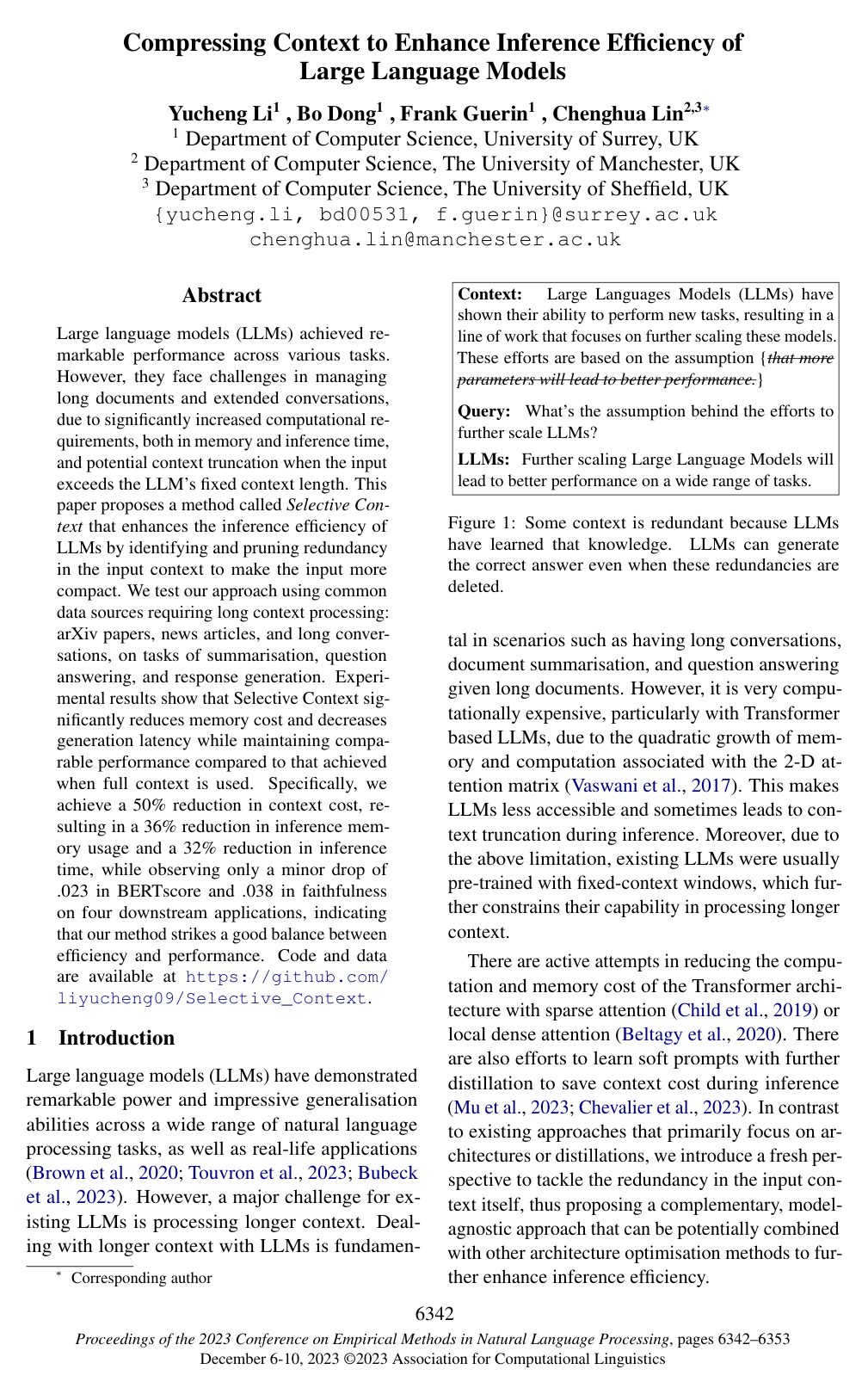Cover for Compressing Context to Enhance Inference Efficiency of Large Language Models