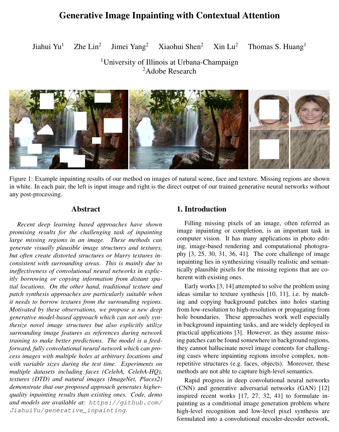 Generative Image Inpainting with Contextual Attention