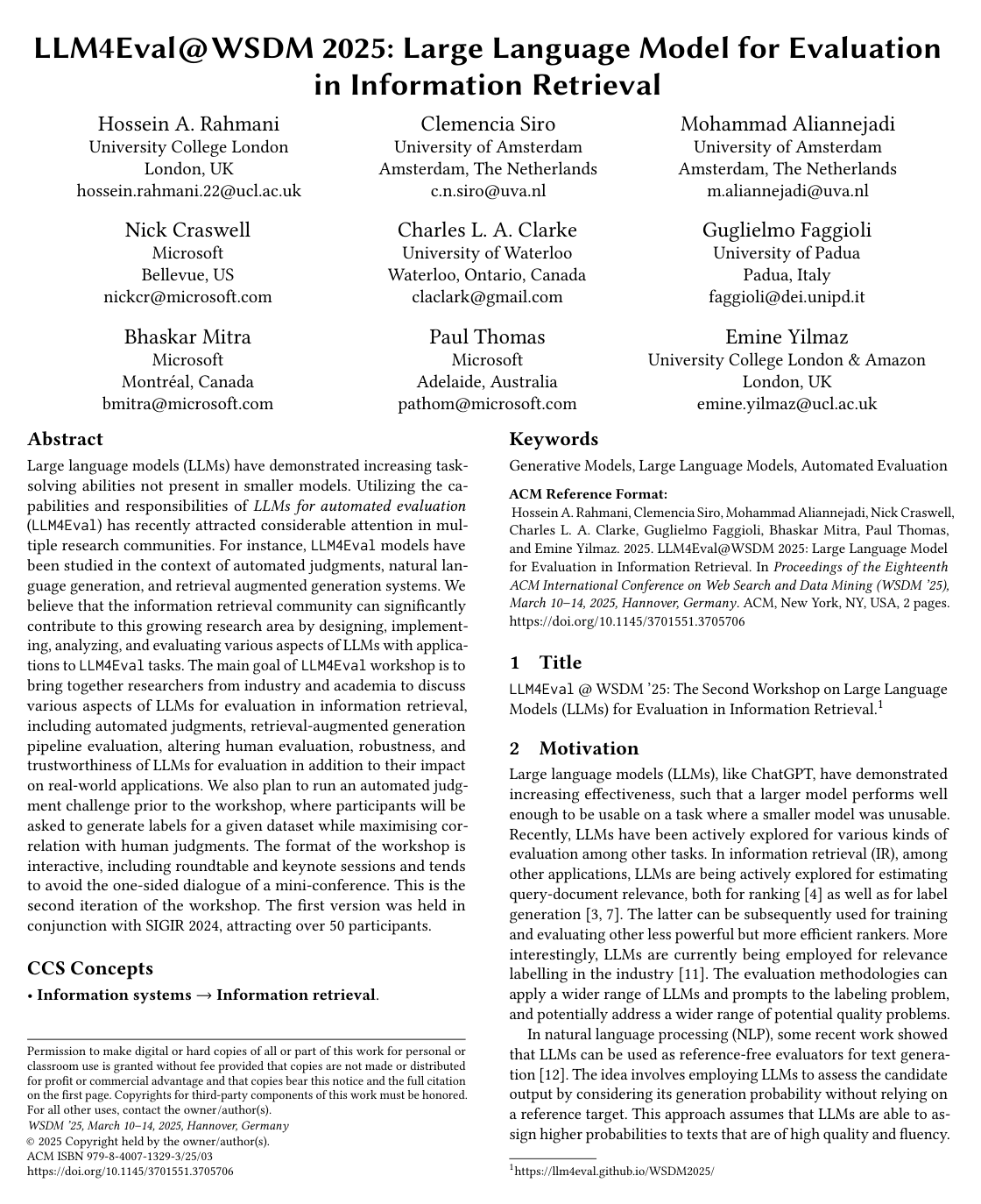 Cover for LLM4Eval@WSDM 2025: Large Language Model for Evaluation in Information Retrieval