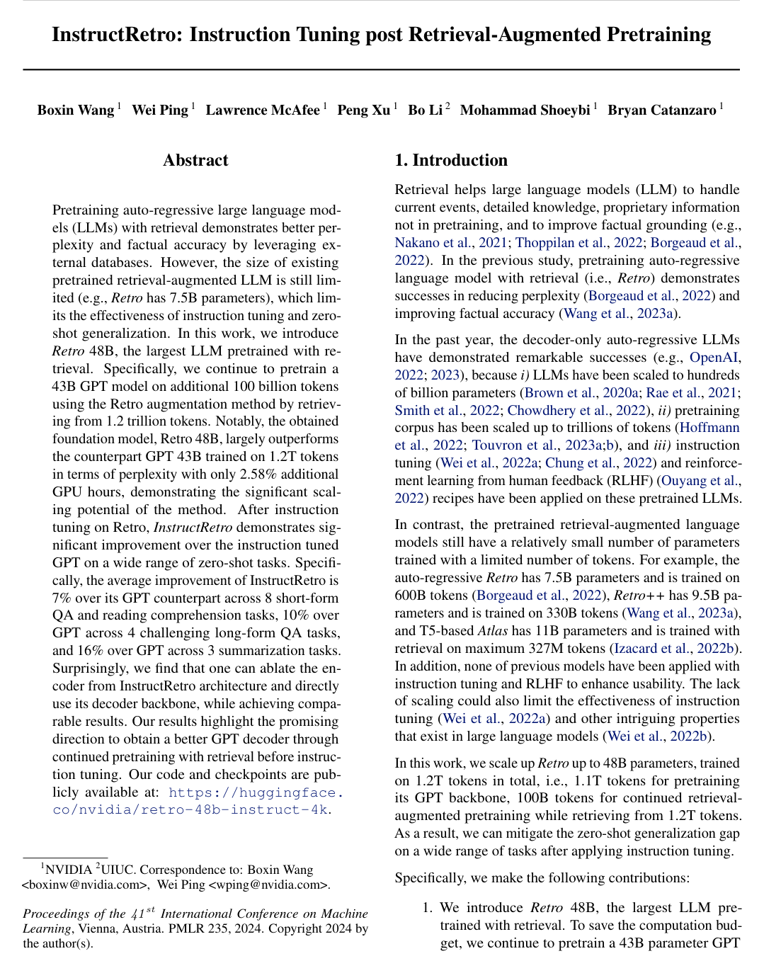 Cover for InstructRetro: Instruction Tuning post Retrieval-Augmented Pretraining