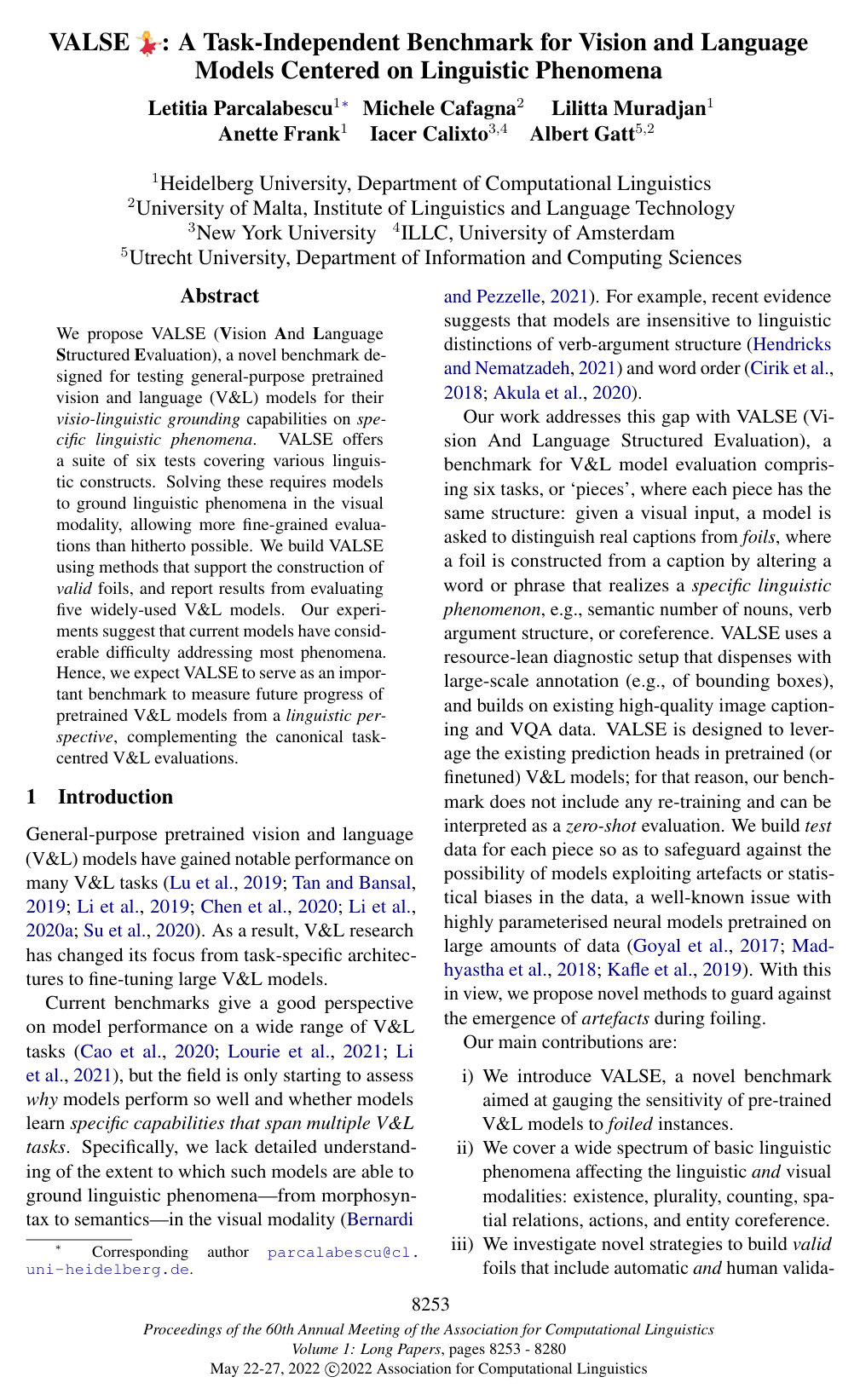VALSE: A Task-Independent Benchmark for Vision and Language Models Centered on Linguistic Phenomena