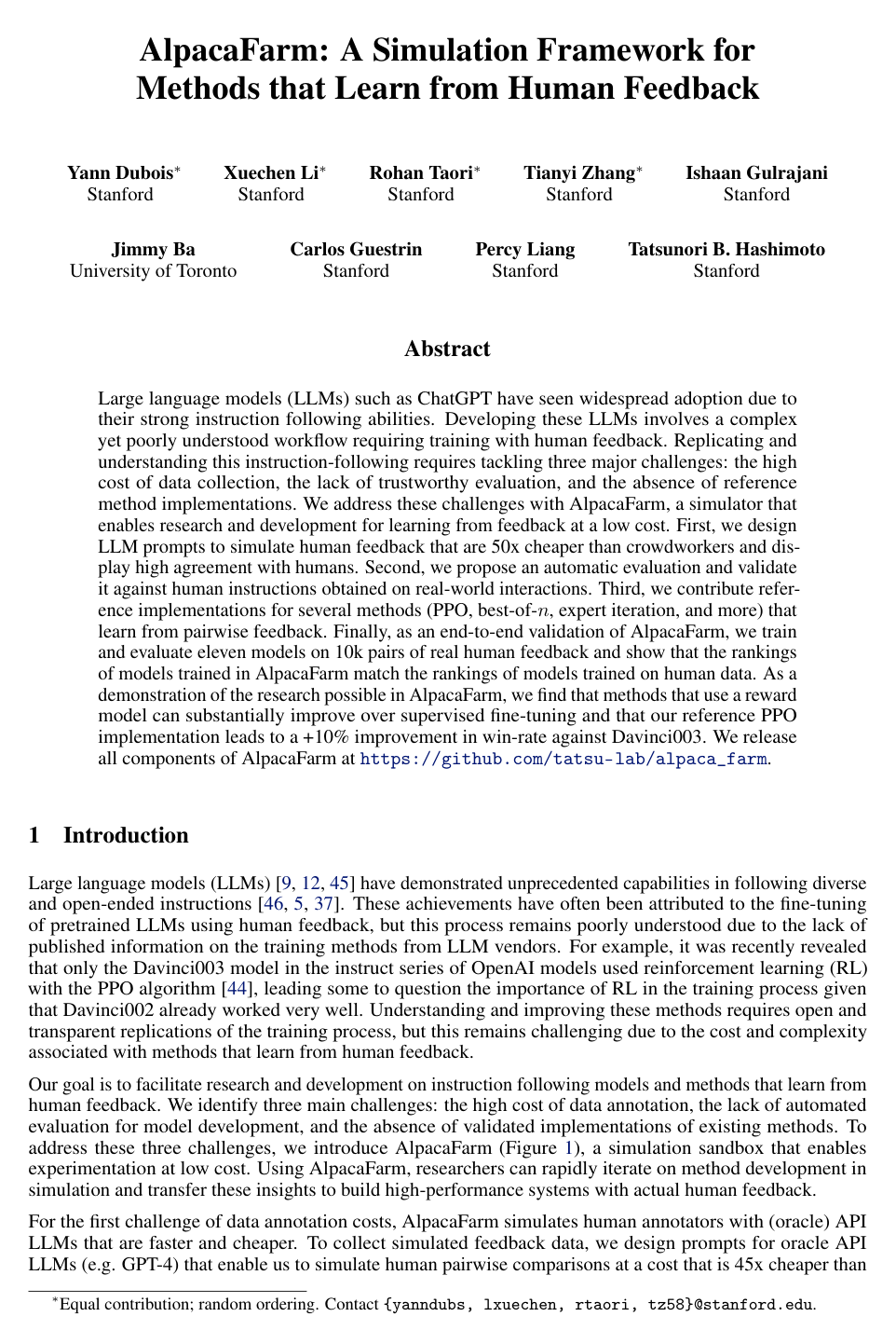 AlpacaFarm: A Simulation Framework for Methods that Learn from Human Feedback
