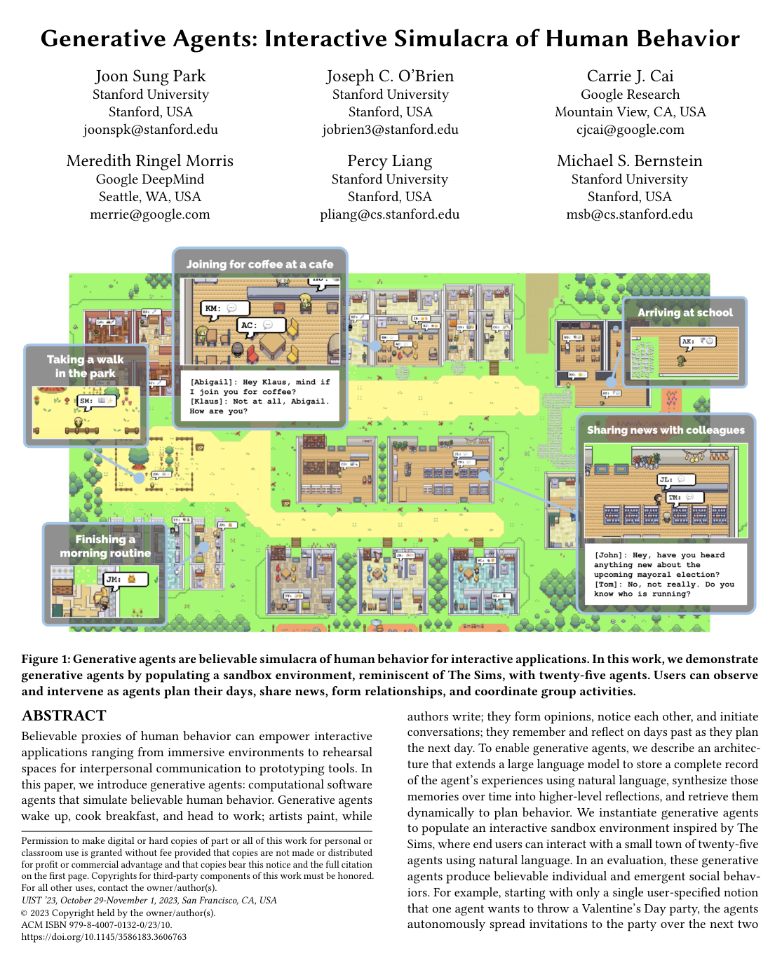 Generative Agents: Interactive Simulacra of Human Behavior