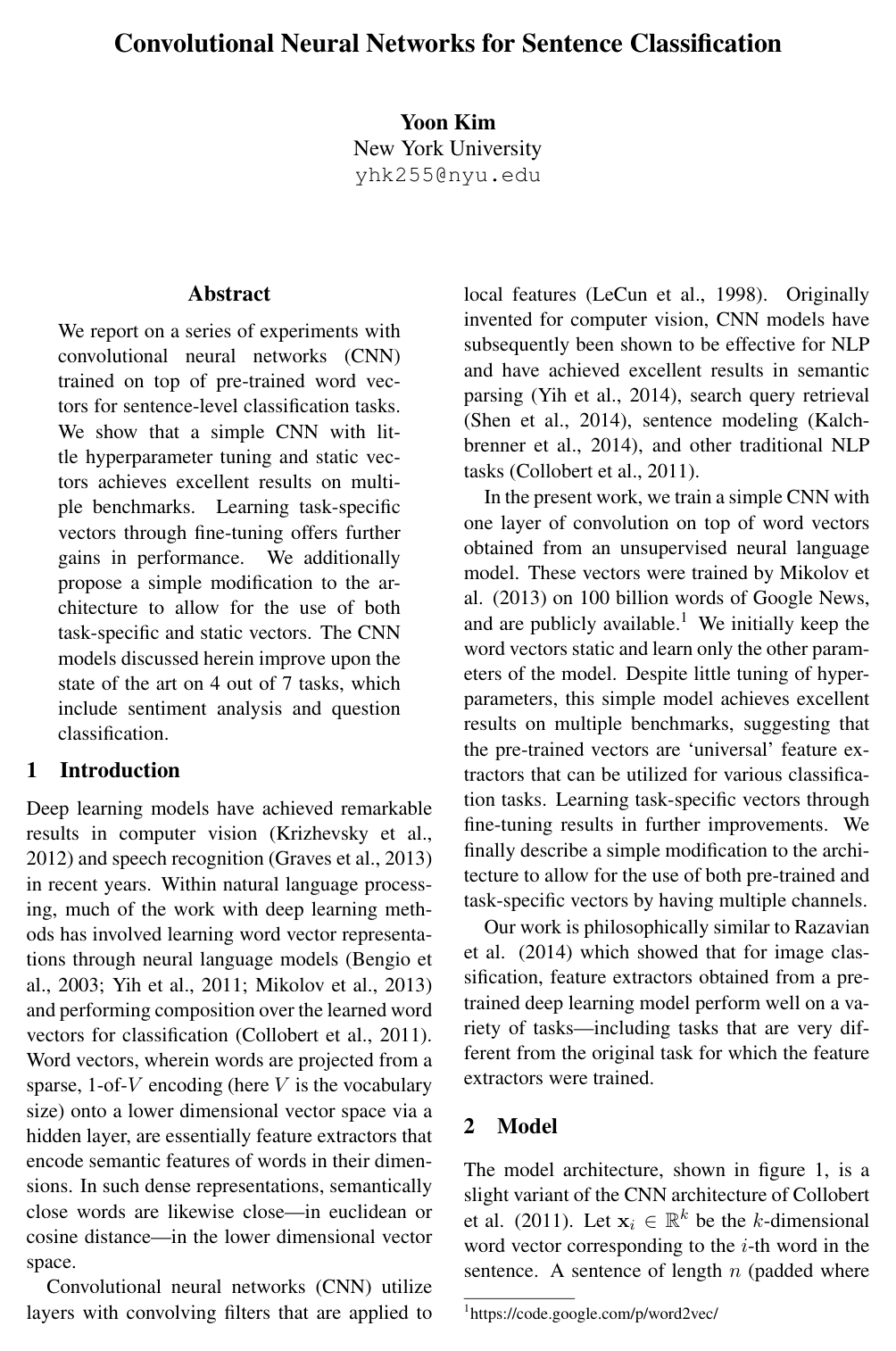 Convolutional Neural Networks for Sentence Classification