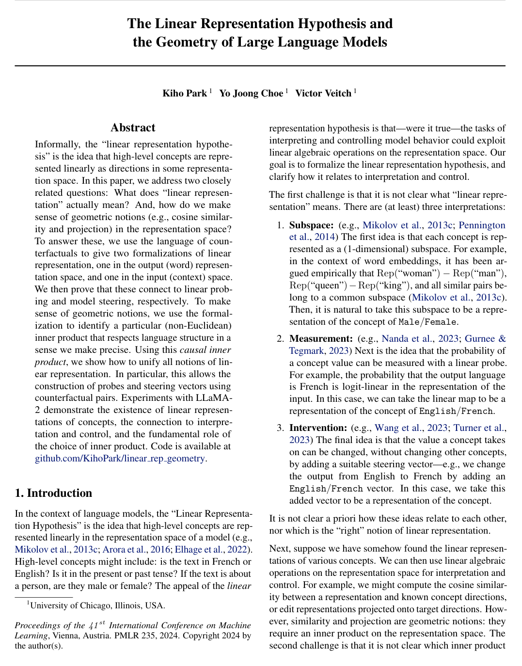 Cover for The Linear Representation Hypothesis and the Geometry of Large Language Models