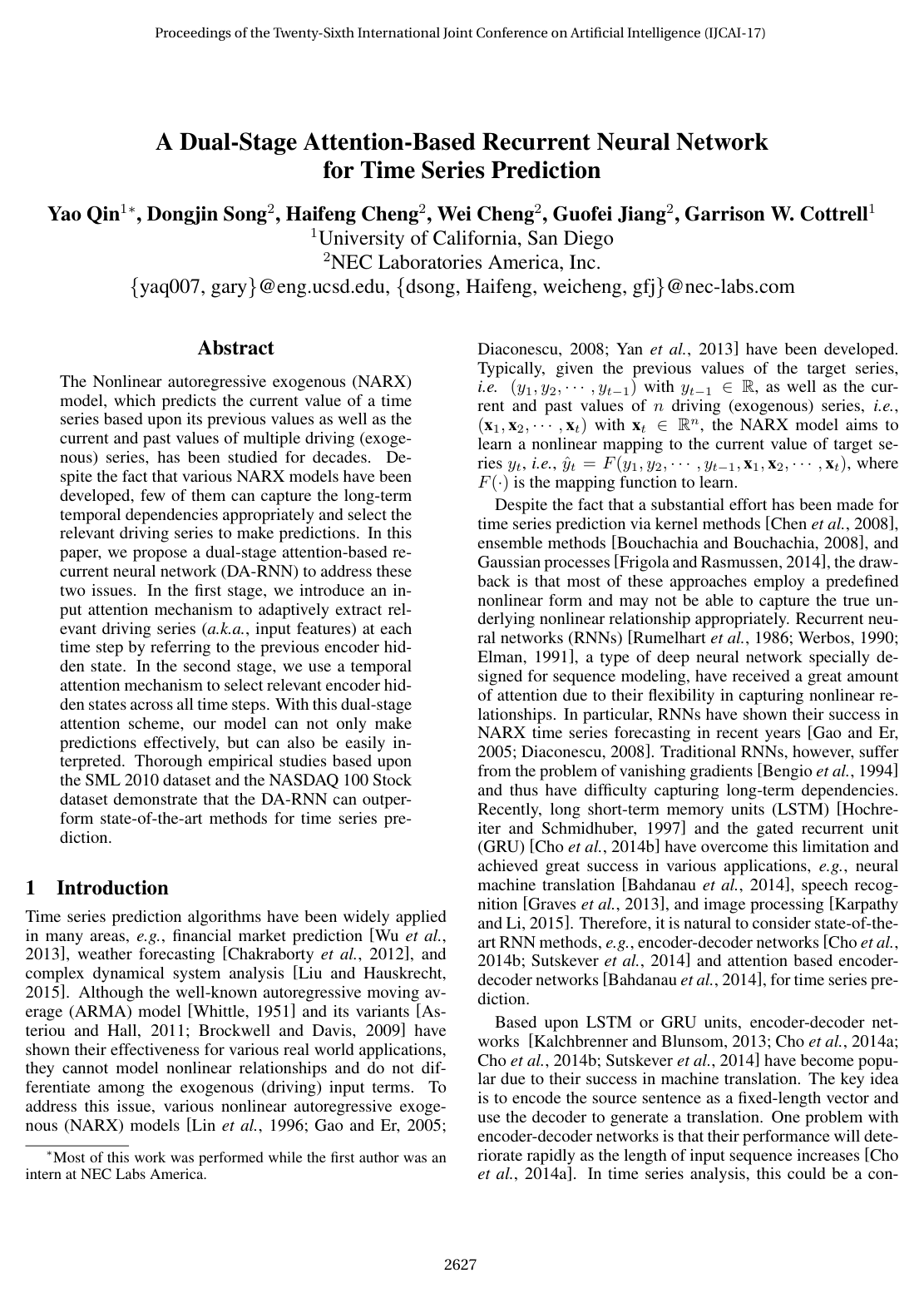 A Dual-Stage Attention-Based Recurrent Neural Network for Time Series Prediction