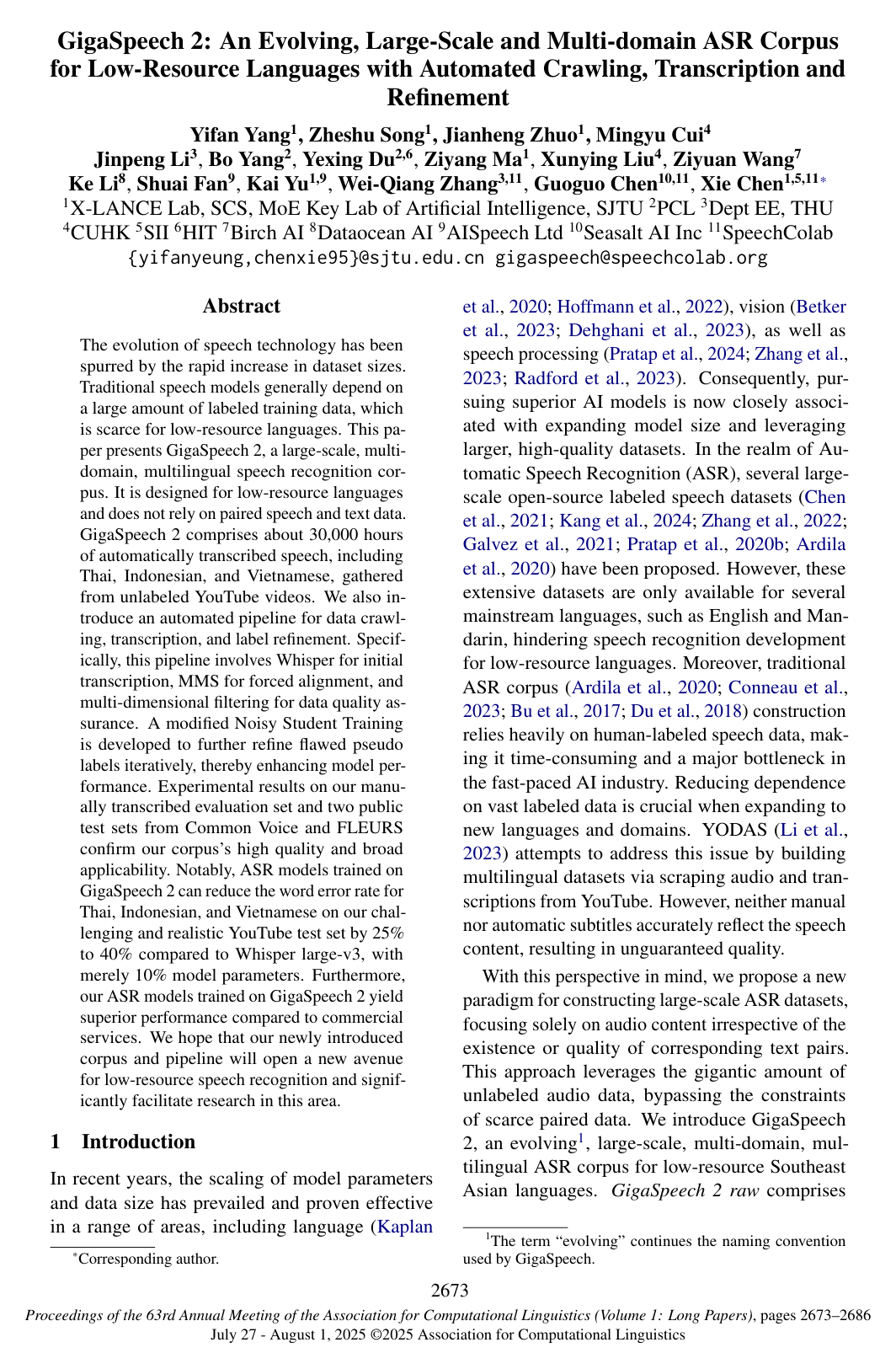GigaSpeech 2: An Evolving, Large-Scale and Multi-domain ASR Corpus for Low-Resource Languages with Automated Crawling, Transcription and Refinement