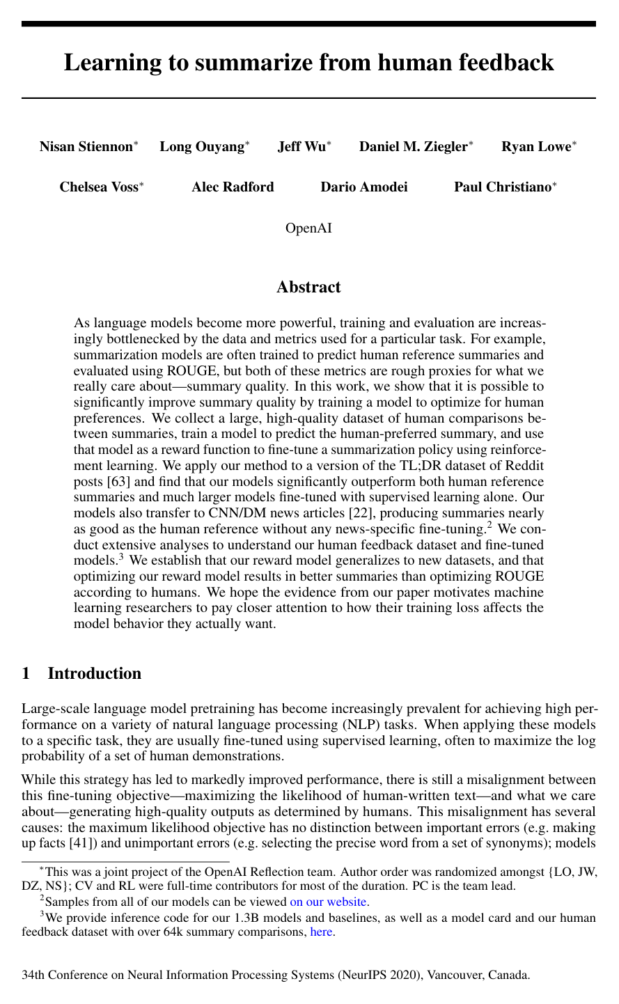 Cover for Learning to summarize from human feedback