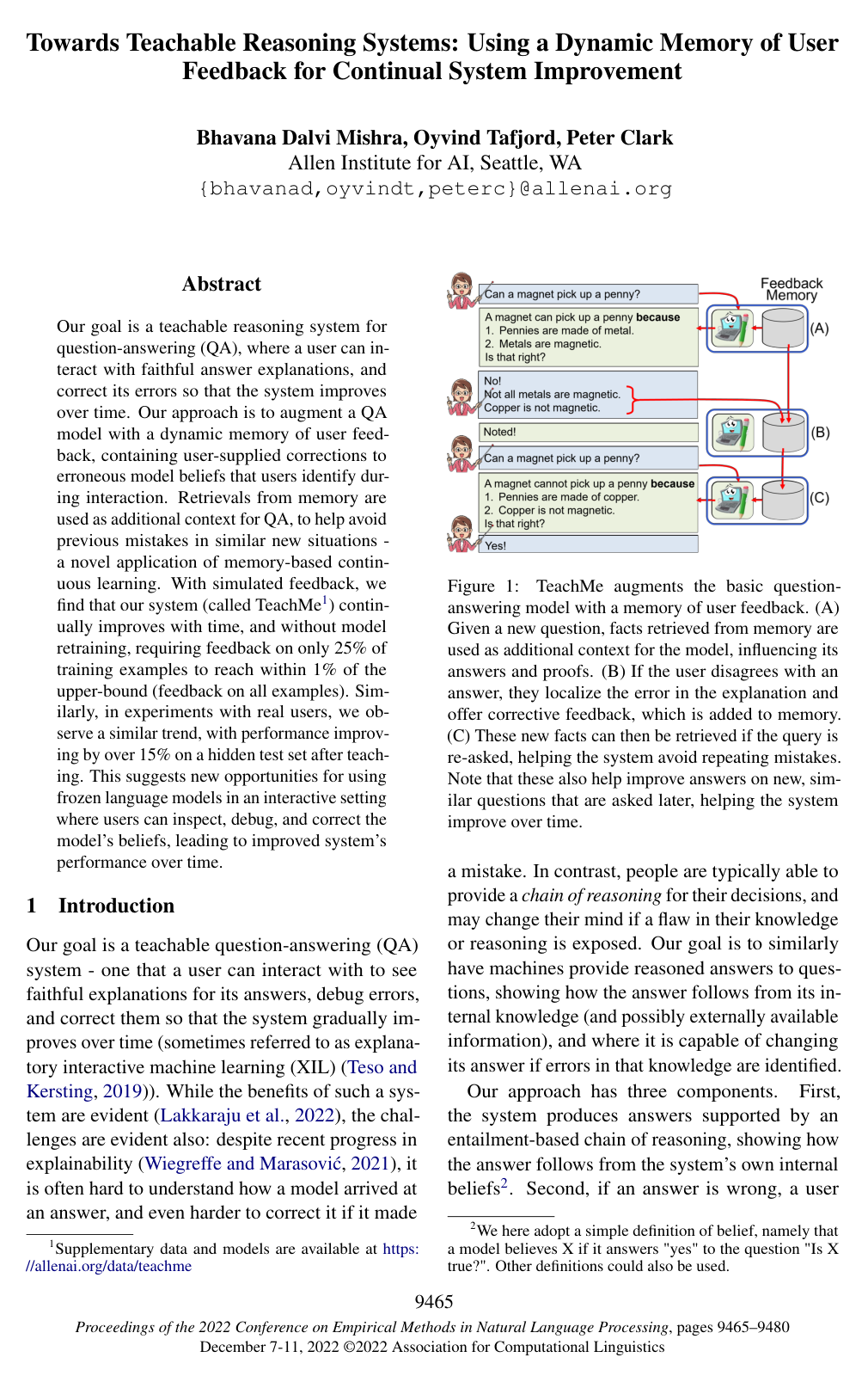 Towards Teachable Reasoning Systems: Using a Dynamic Memory of User Feedback for Continual System Improvement