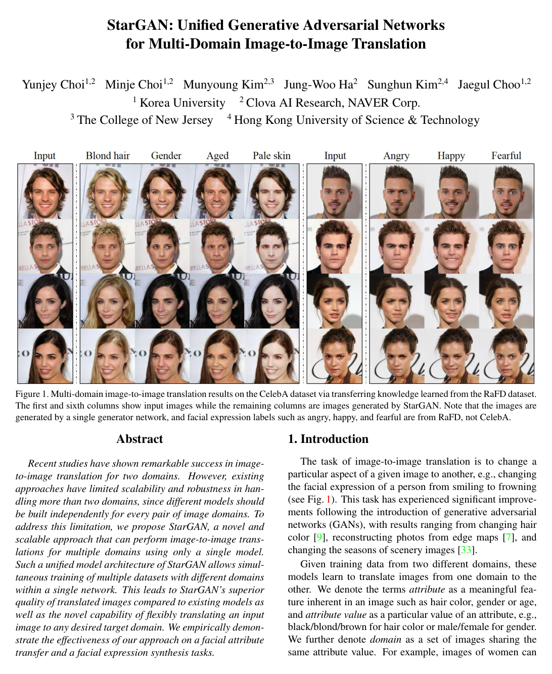StarGAN: Unified Generative Adversarial Networks for Multi-domain Image-to-Image Translation