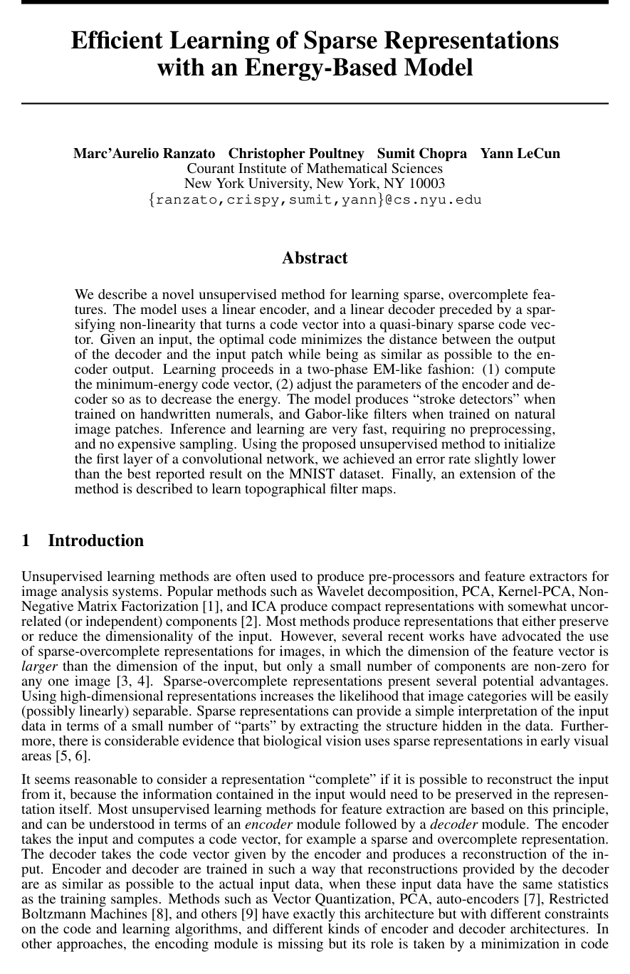 Efficient Learning of Sparse Representations with an Energy-Based Model