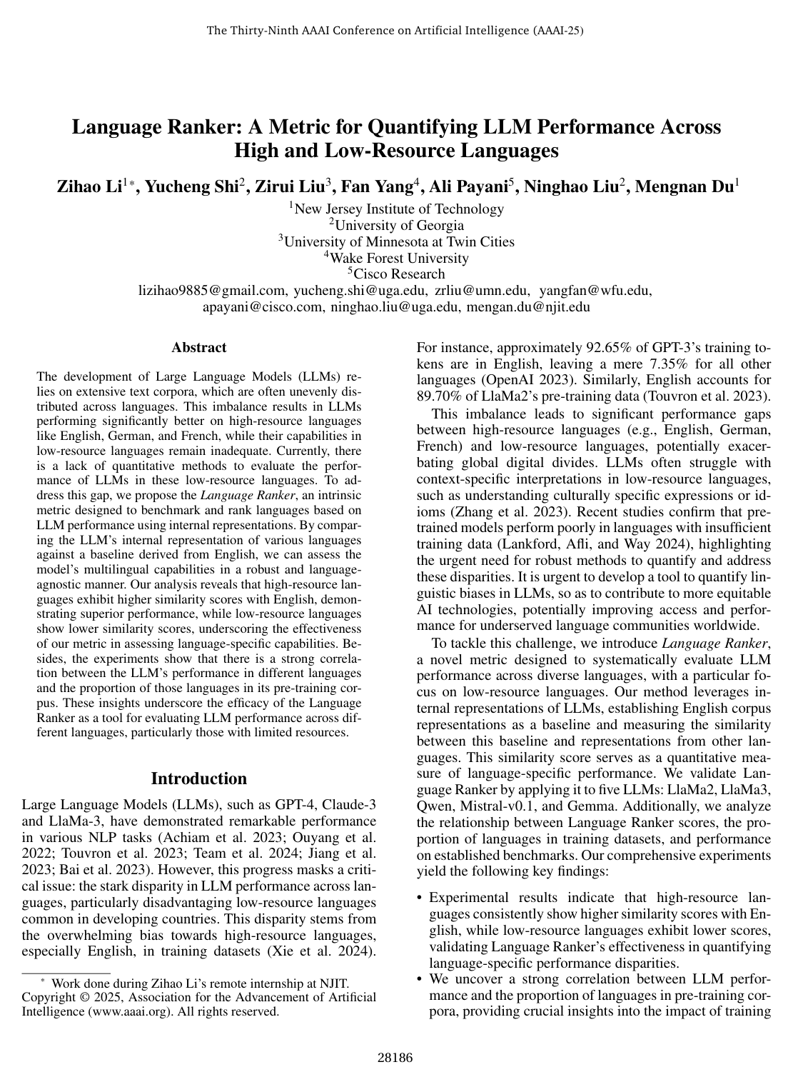 Cover for Language Ranker: A Metric for Quantifying LLM Performance Across High and Low-Resource Languages